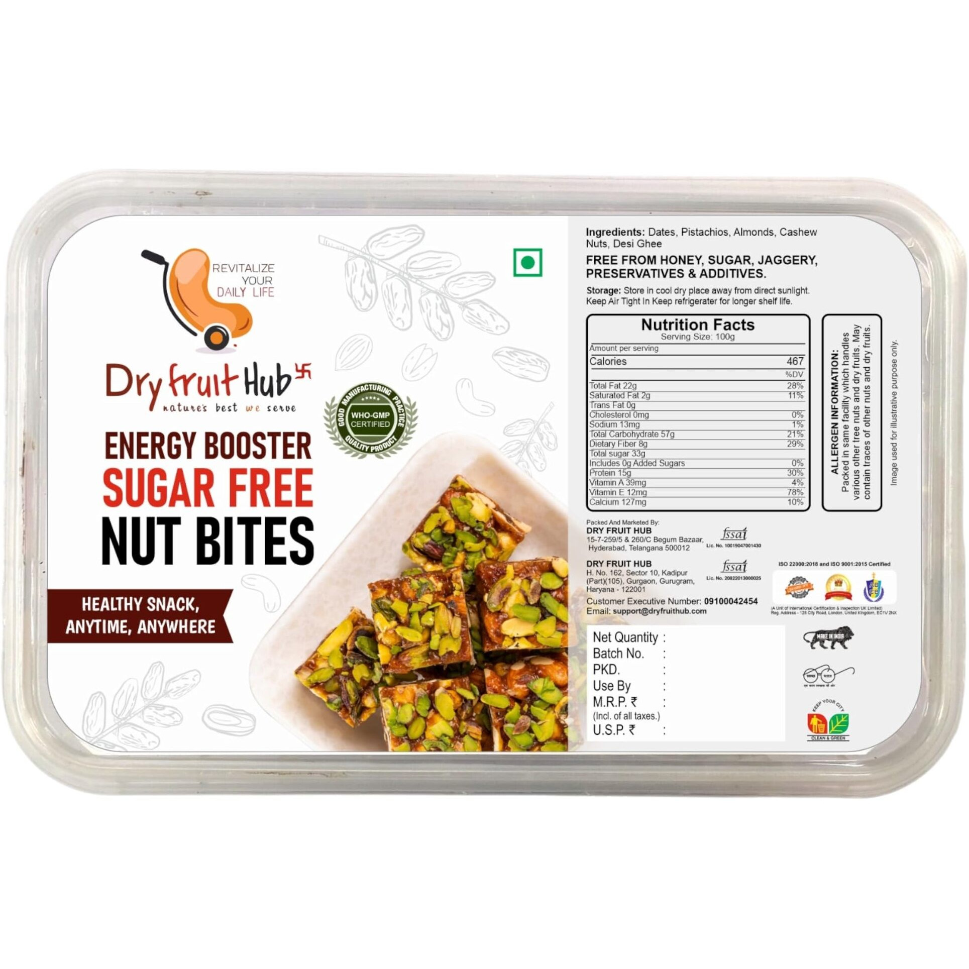 Dry Fruit Hub Energy Booster Sugar-Free Nut Bites 1Kg- Almonds, Pista, Cashew, Dates, and Pure Ghee | Dry Fruits Nuts | Fresh Tasty Healthy Snacks | Khajoor Mix Dry Fruits Energy Bar