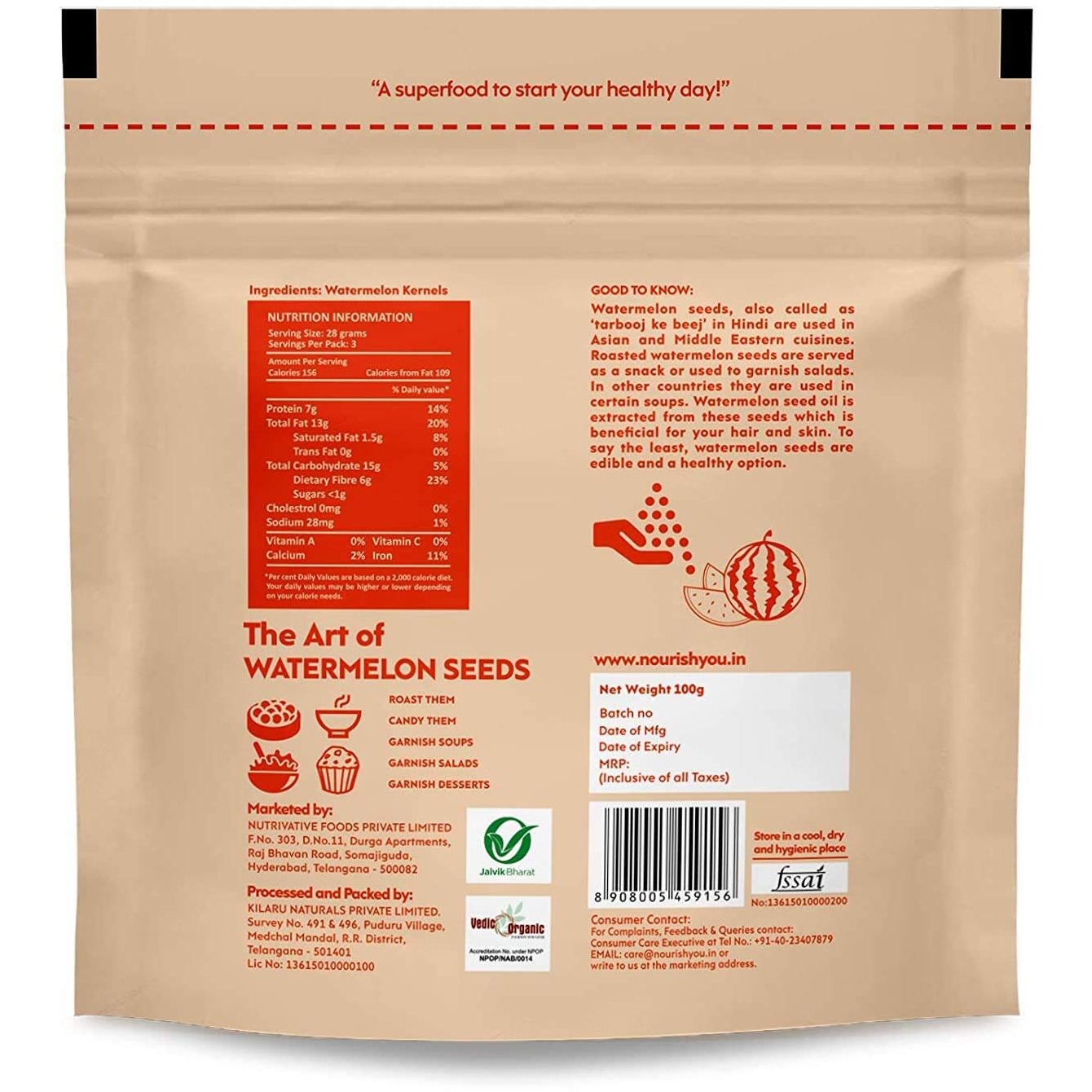 Nourish You Organic Watermelon Seeds | Magaj Seeds Pack | Tarbuj Beej | Rich in Protein | Potassium | Magnesium & Iron | Raw Watermelon Seeds for Eating | Diet Food | Pack of 5 x 100GM |