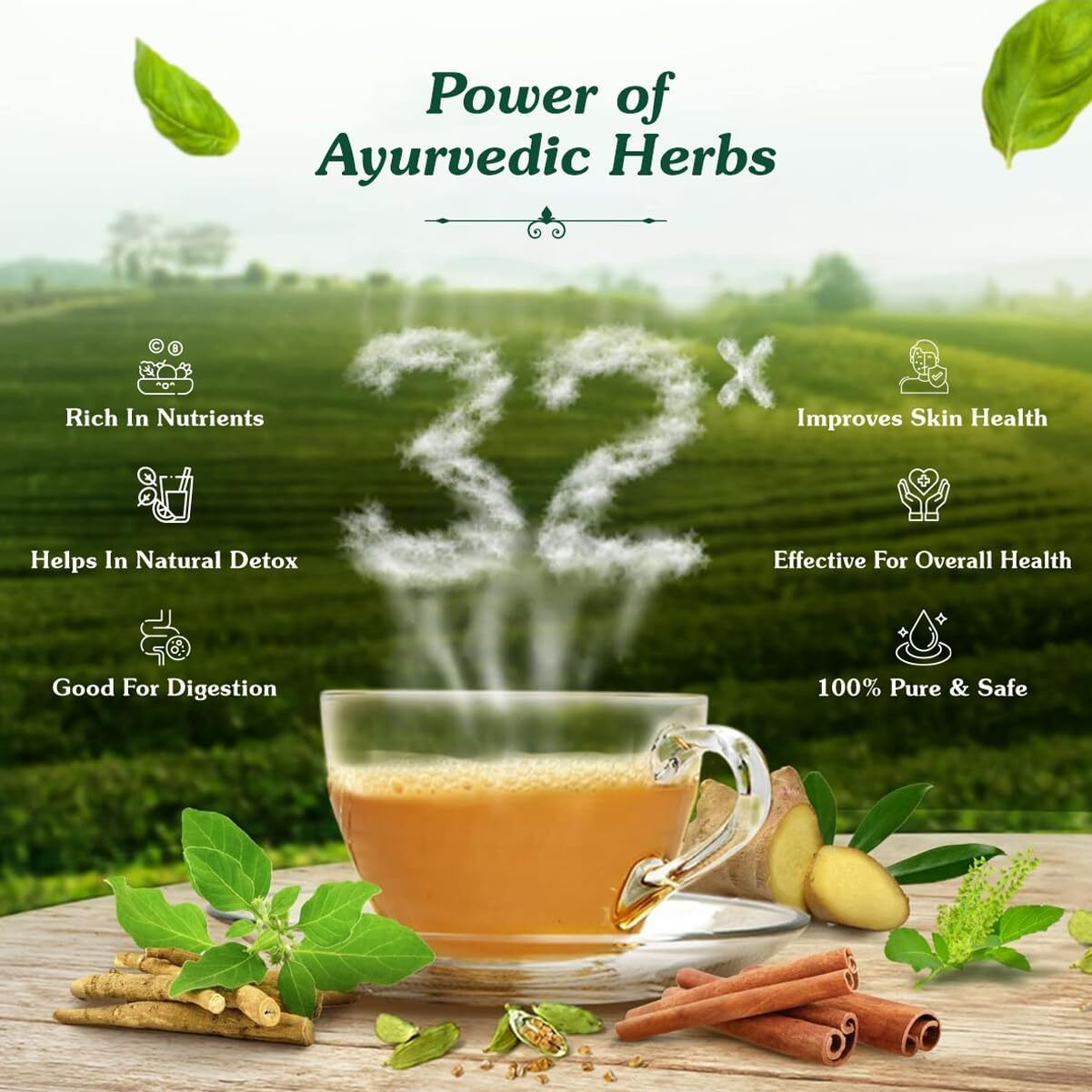 Shuddhi 32 Herbs Tea with Green Tea, Elaichi, Brahmi, Tulsi, Giloy, Laung, Gulab, Dalchini, Shank Pushpi tea for Body Detox and Wellness, 30gm Pack of 3