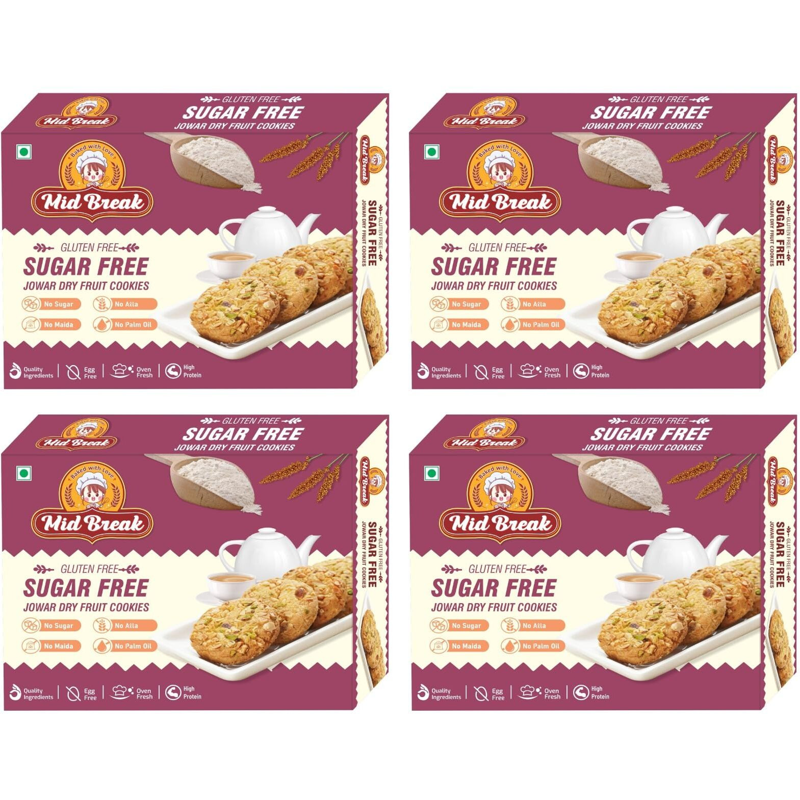 Midbreak Sugar Free Jowar (Sorghum) Millets & Dry Fruit Cookies | Gluten-Free | Ideal for Diabetics, Calorie Watchers, and Gym Goers | Pack of 4 | 800g