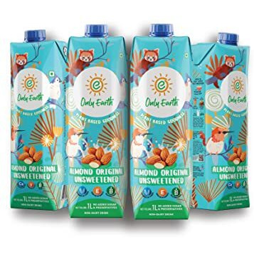 Only Earth Almond Drink | Unsweetened | Lactose-Free | Preservatives Free | Made with Natural Almond Paste | Source of Calcium | Contains Vitamin D,E,B1,B2 & B12 | Dairy Alternative | Cholesterol Free | Plant-Based Alternative | Barista Edition 1L(Pack of 4)