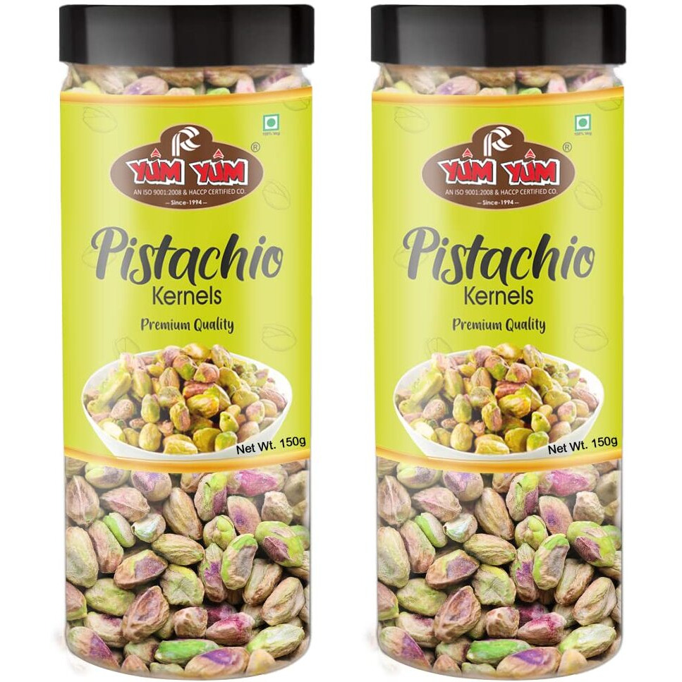 YUM YUM Premium Unsalted Pistachio Kernels 300g (Pack of 2-150 Jar Each) | Super Crunchy & Delicious |Plain Pista | Gluten Free | 100% Natural Dry Fruits | Healthy Evening Snack