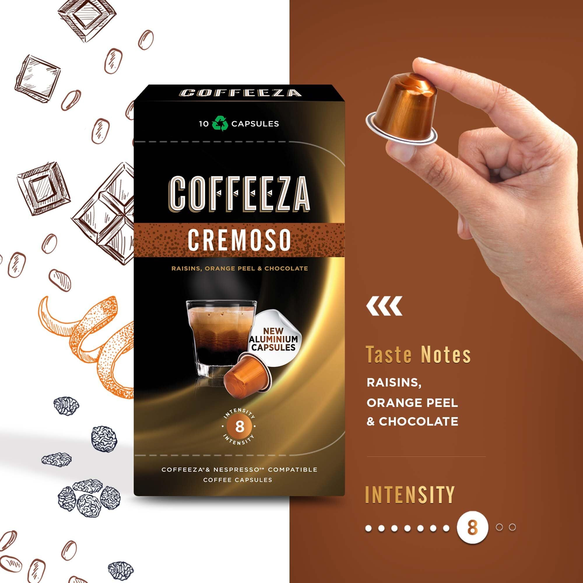 Coffeeza Cremoso Aluminium Coffee Capsules, Intensity  8/10 - Nespresso Compatible Coffee Pods (Box of 30)