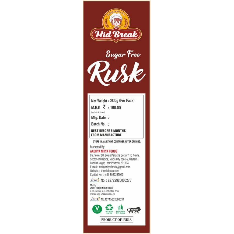 Mid Break - Sugar Free Rusk | Sugar Free Toast | Premium Handmade Rusk | Perfect Teatime Partner | 200 gms each | Pack of 3