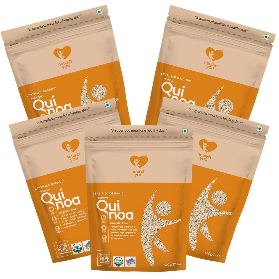 Nourish You Organic Premium White Quinoa 2.5 Kg | Healthy Food | Gluten-Free | Saponin Free | High Protein & Fiber | Diet Food for Weight Loss | USDA Certified Grain|100% Wholegrain Cereal | 500g x 5