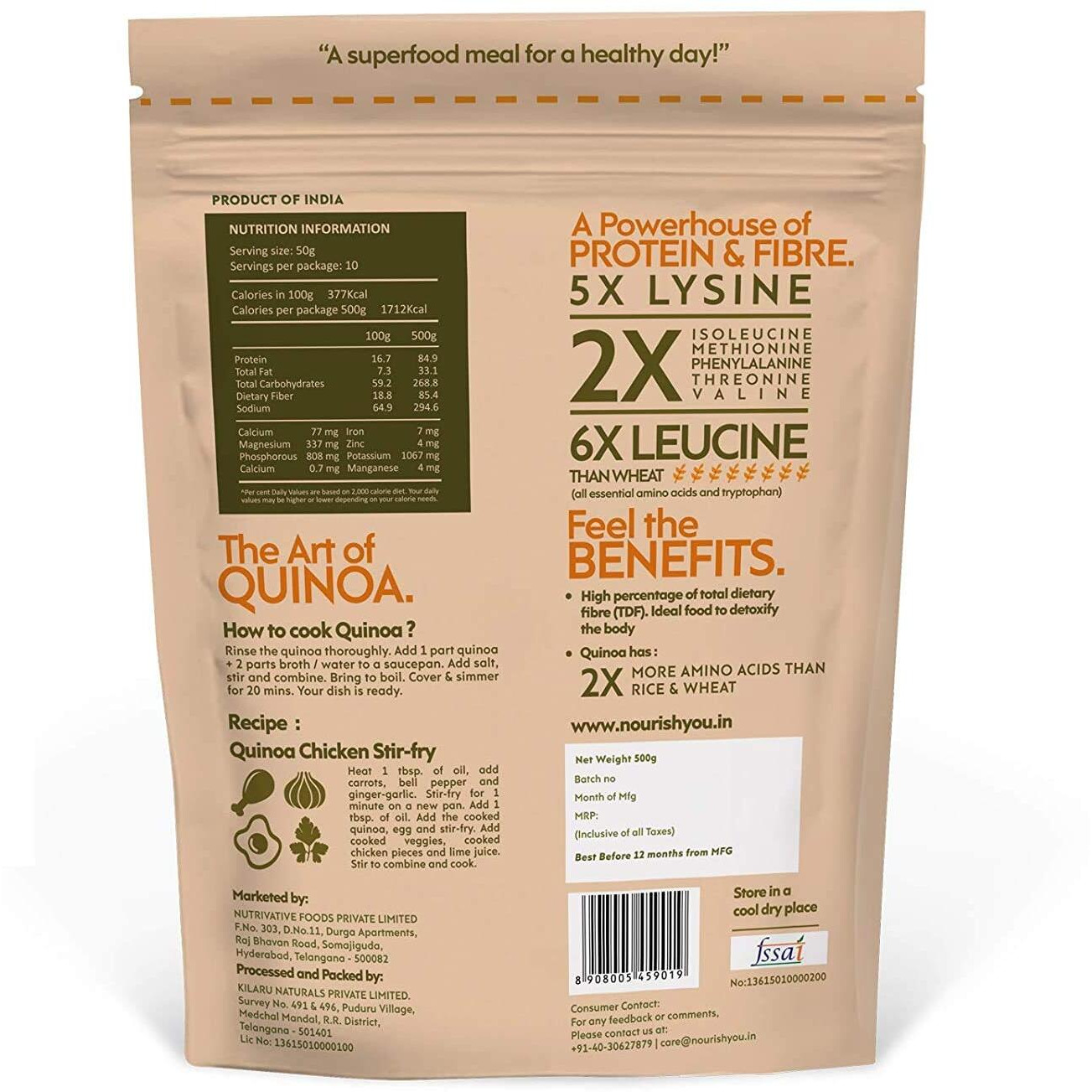 Nourish You Organic Premium White Quinoa 2.5 Kg | Healthy Food | Gluten-Free | Saponin Free | High Protein & Fiber | Diet Food for Weight Loss | USDA Certified Grain|100% Wholegrain Cereal | 500g x 5