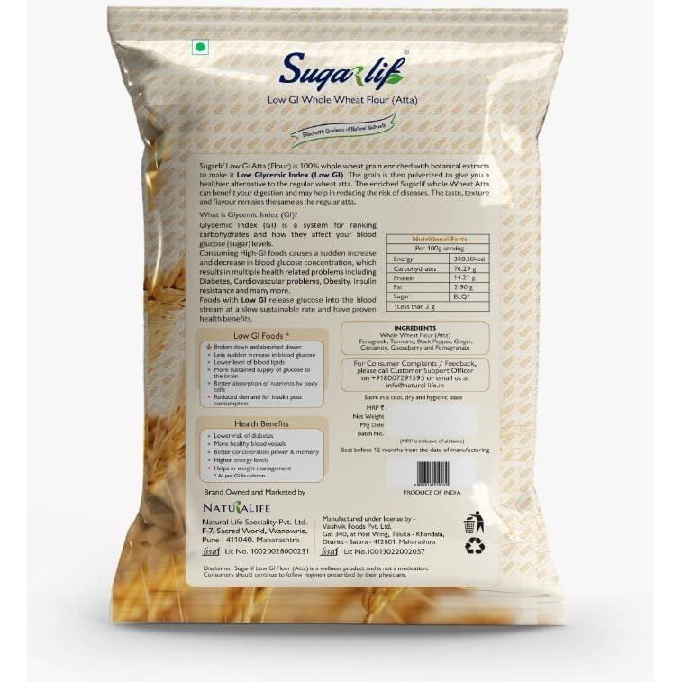 Sugarlif Low GI (Glycemic Index) whole wheat Atta (Flour)/ Diabetic friendly/Slower Glucose Apsorbtion/Lower Insulin demand/Same Taste/Same Flavour - 1kg x 5 Packet