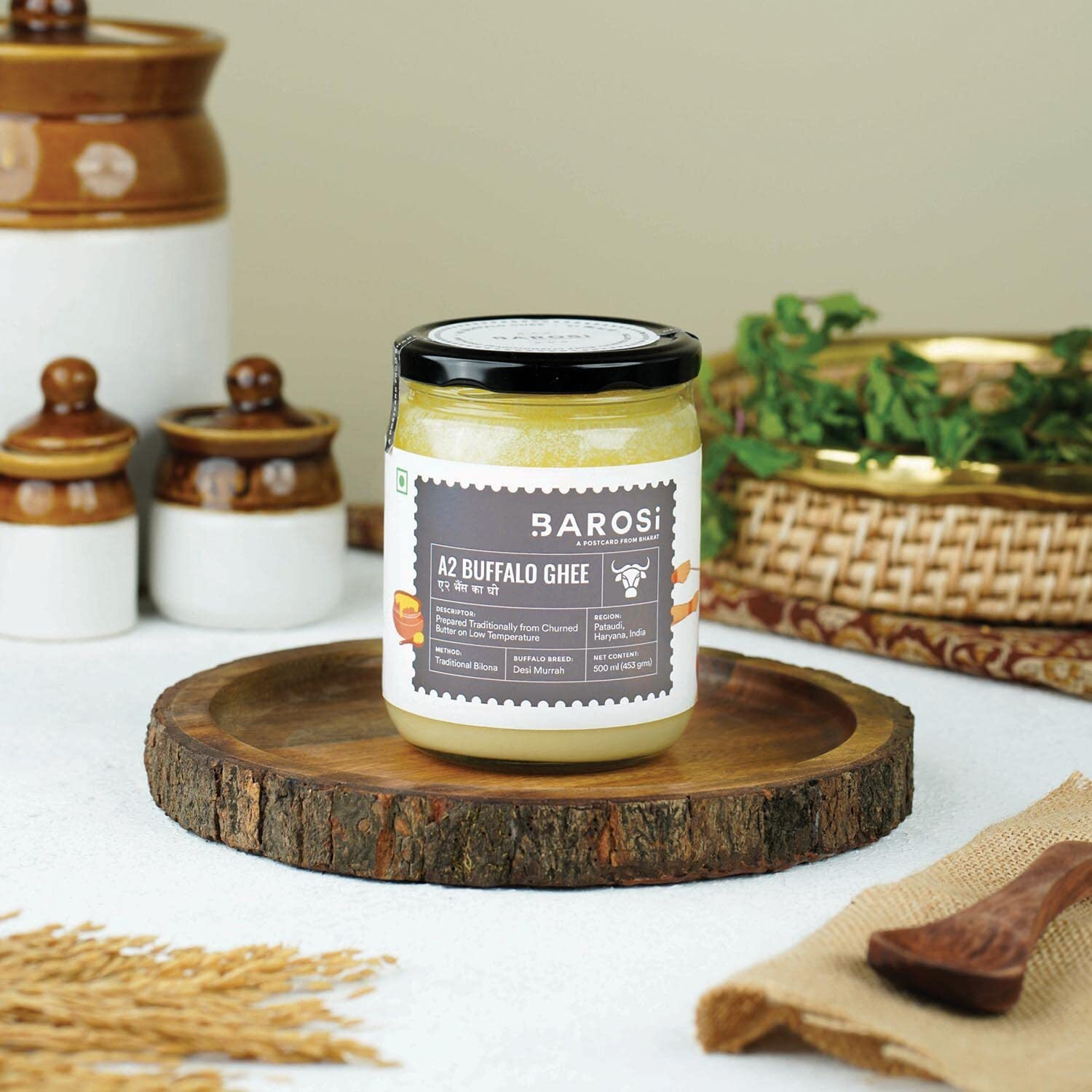 Barosi Premium Buffalo Ghee 1 Litre (Combo Pack of 2 * 500ml) | Vedic Bilona Method | Churned from Curd | Pure & Natural | Farm Made in Small Batches | Glass Jar Packing