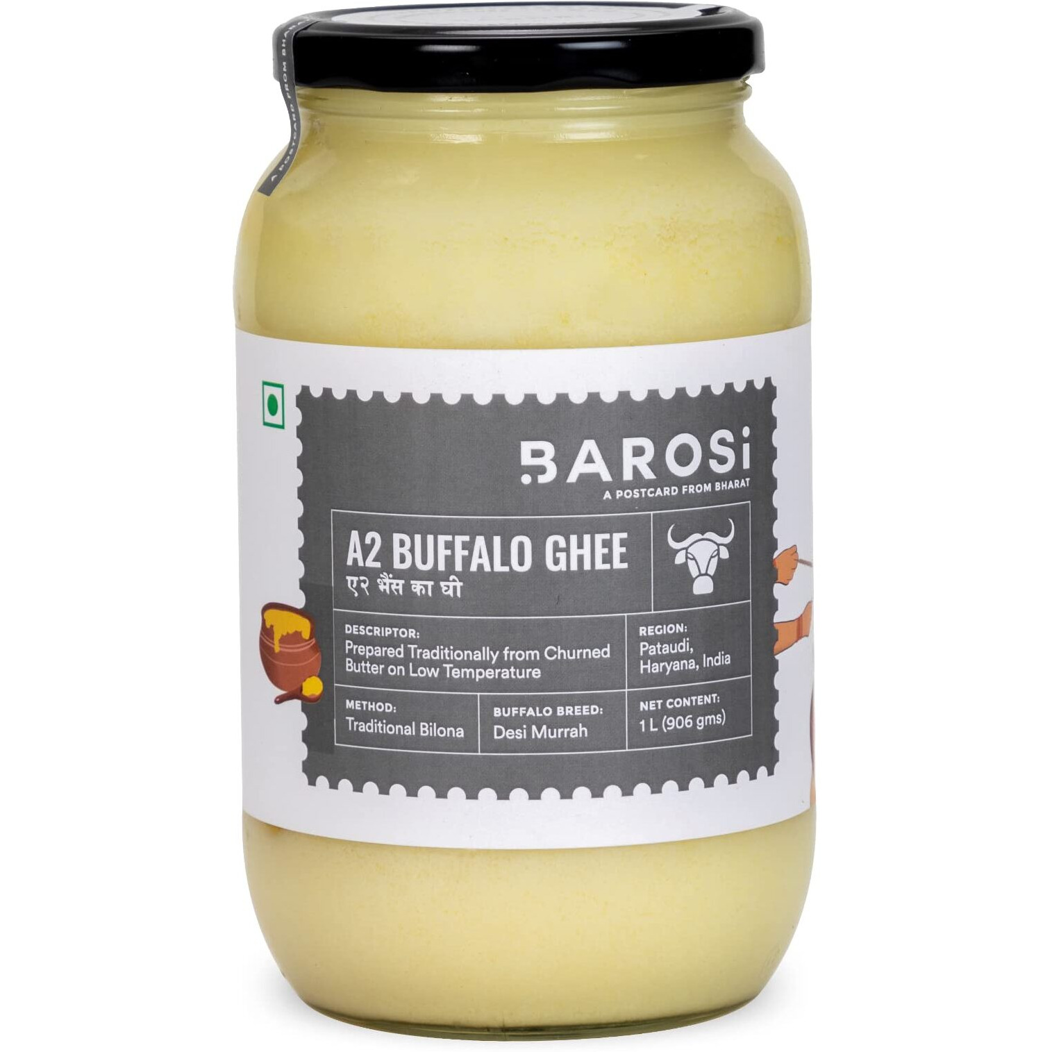Barosi Premium Buffalo Ghee 1 Litre | Vedic Bilona Method | Churned From Curd | Pure & Natural | Farm Made In Small Batches | Glass Jar Packing