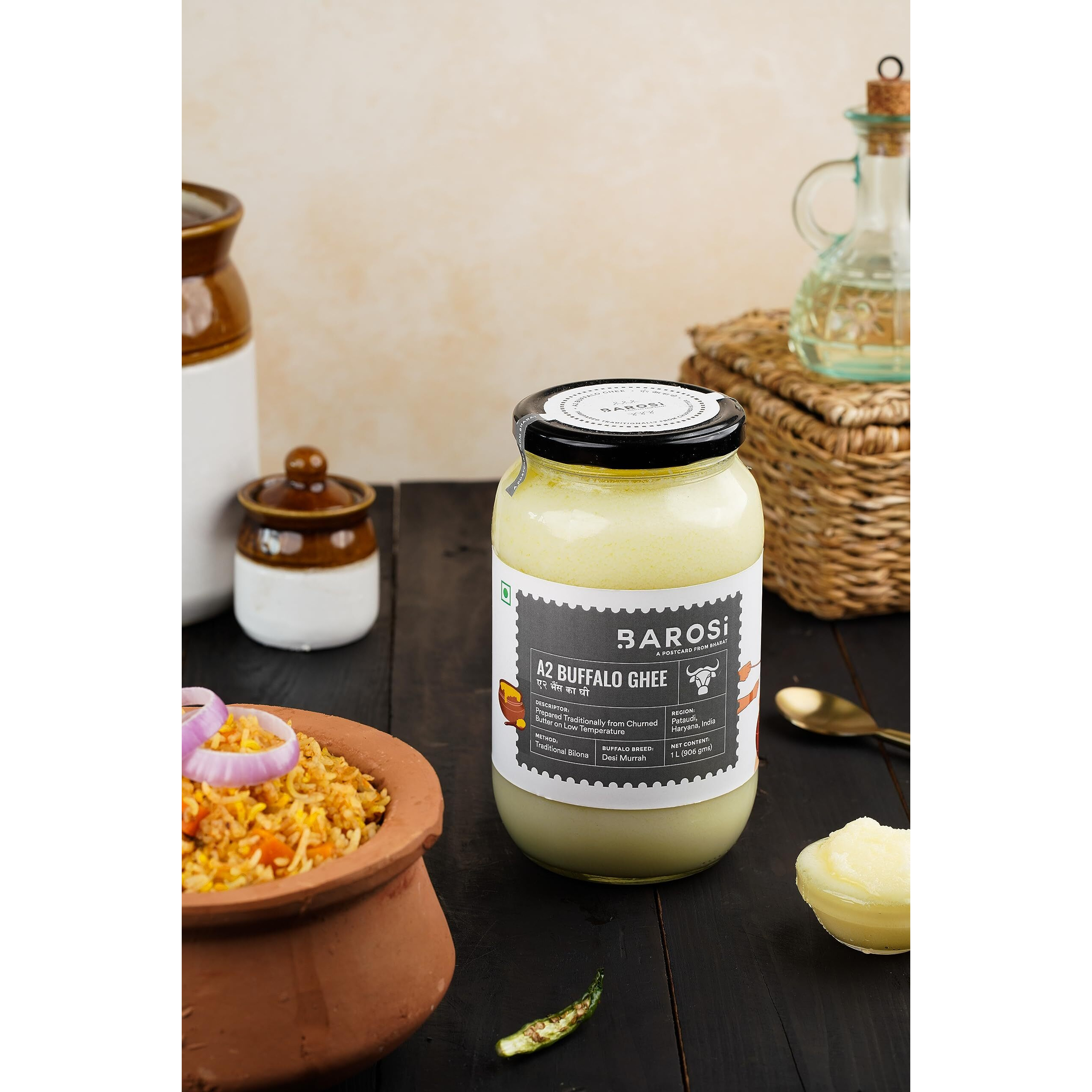Barosi Premium Buffalo Ghee 1 Litre | Vedic Bilona Method | Churned From Curd | Pure & Natural | Farm Made In Small Batches | Glass Jar Packing