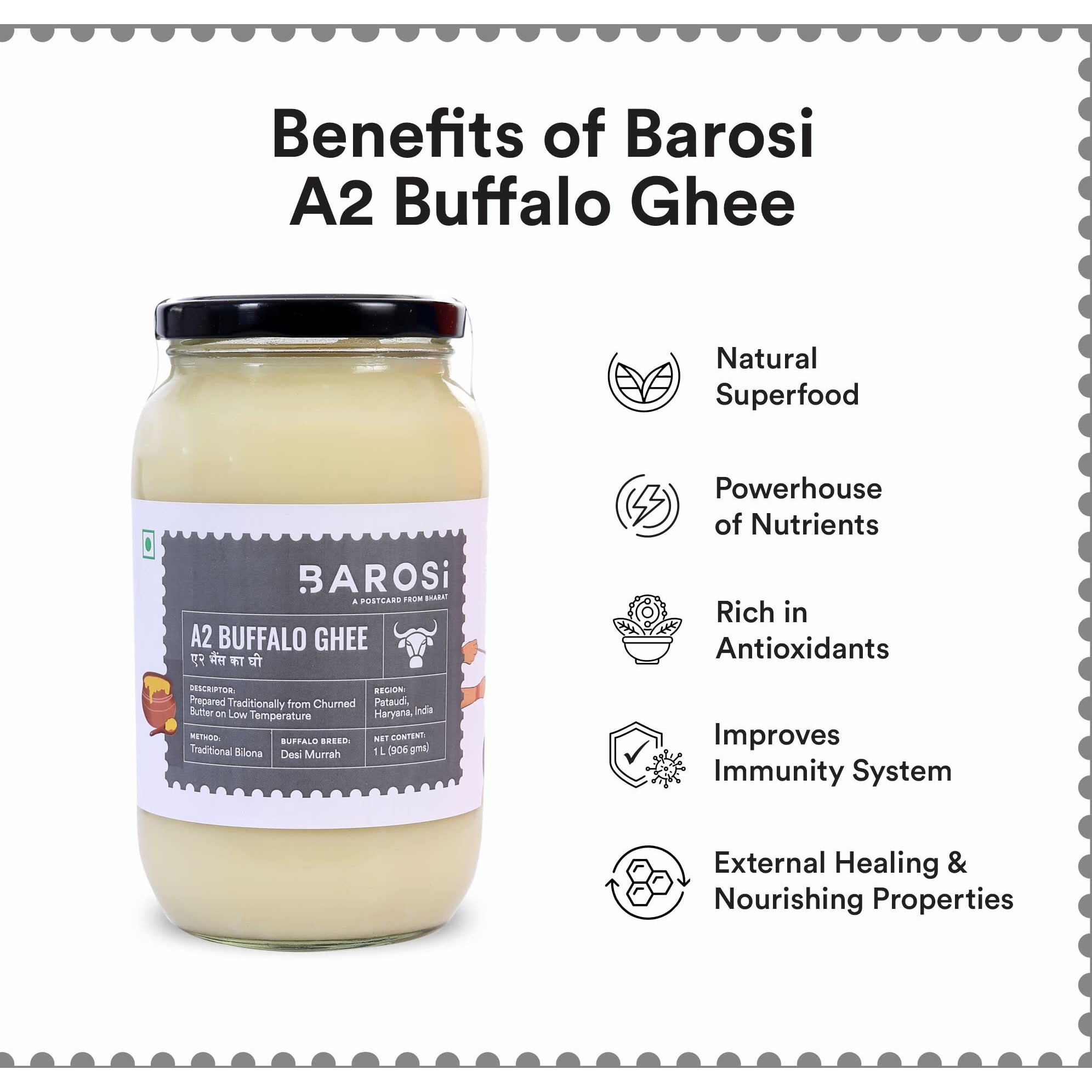 Barosi Premium Buffalo Ghee 1 Litre | Vedic Bilona Method | Churned From Curd | Pure & Natural | Farm Made In Small Batches | Glass Jar Packing