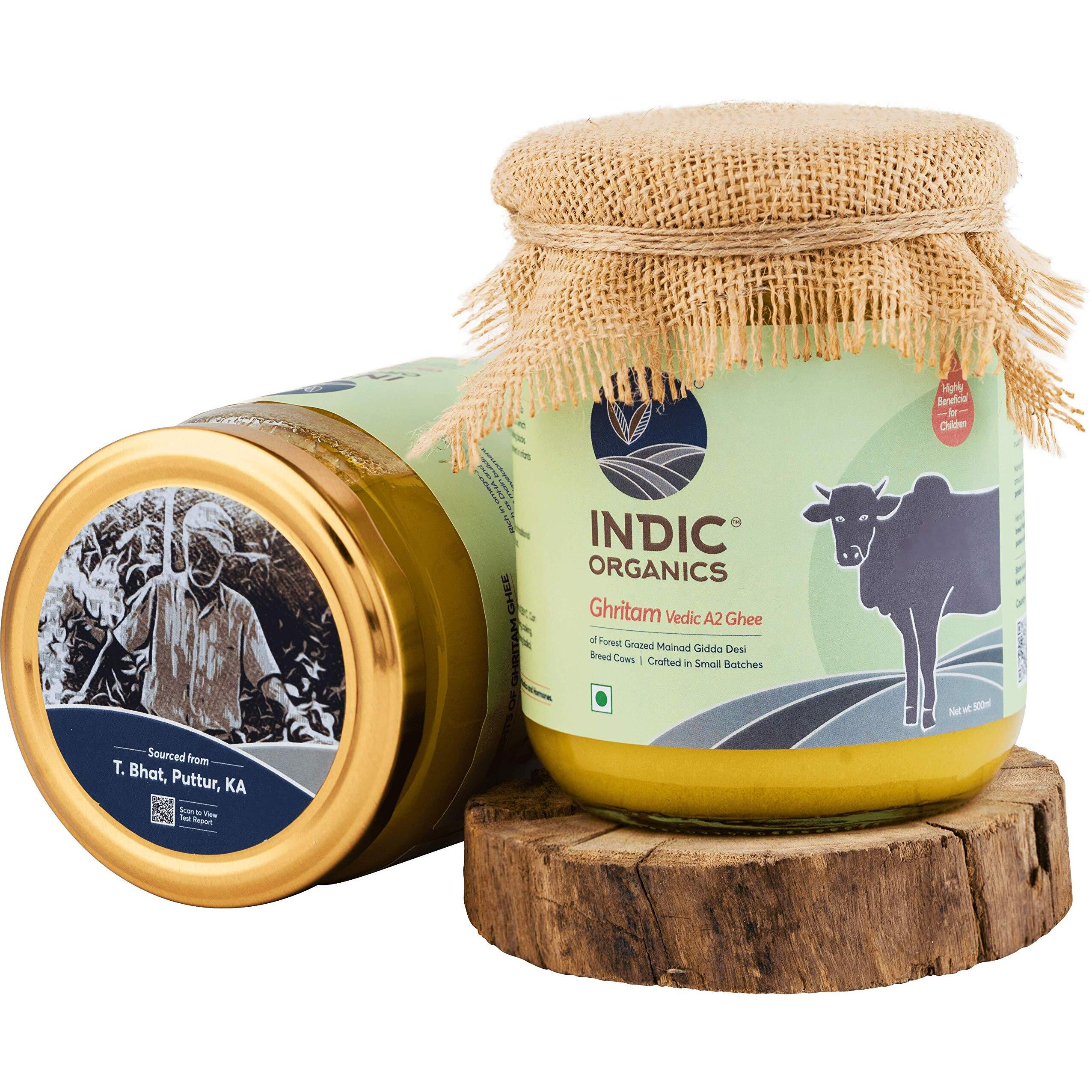 Indic Organics Forest Grazing Rare Malnad Gidda Desi CowS A2 Ghee From Western Ghats Of Karnataka Ayurvedic & Medicinal Bilona Ghee Rare Combination Of Naturally Balanced Omega 369 Ratio, (500 Ml)