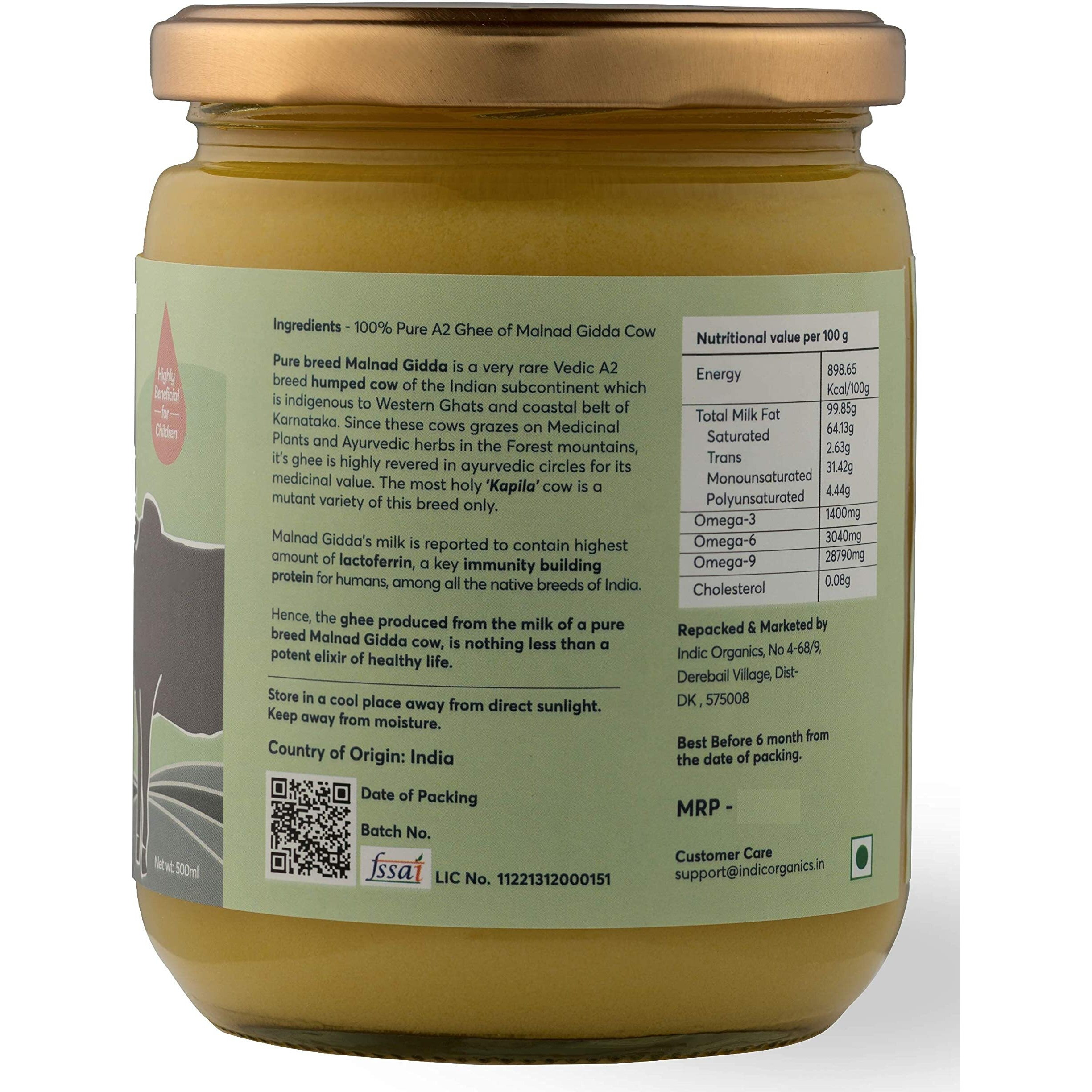 Indic Organics Forest Grazing Rare Malnad Gidda Desi CowS A2 Ghee From Western Ghats Of Karnataka Ayurvedic & Medicinal Bilona Ghee Rare Combination Of Naturally Balanced Omega 369 Ratio, (500 Ml)