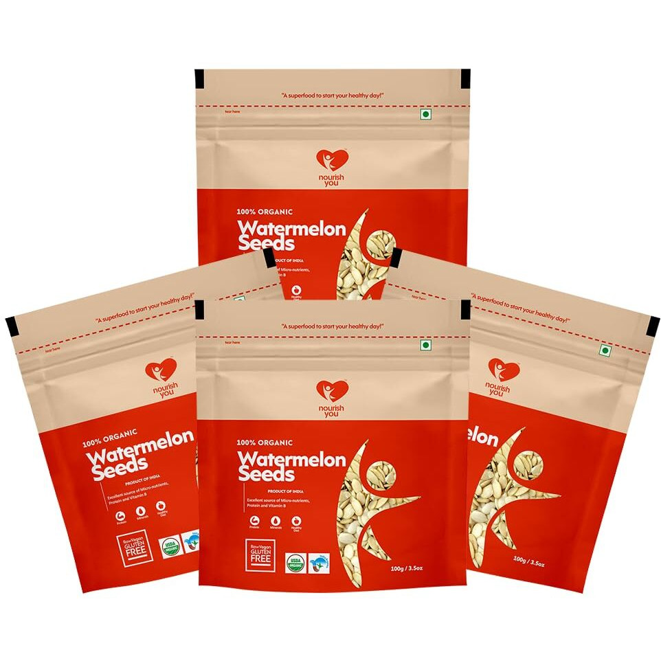 Nourish You Organic Watermelon Seeds | Magaj Seeds Pack | Tarbuj Beej | Rich in Protein | Potassium | Magnesium & Iron | Raw Watermelon Seeds for Eating | Diet Food | Pack of 4 x 100GM |