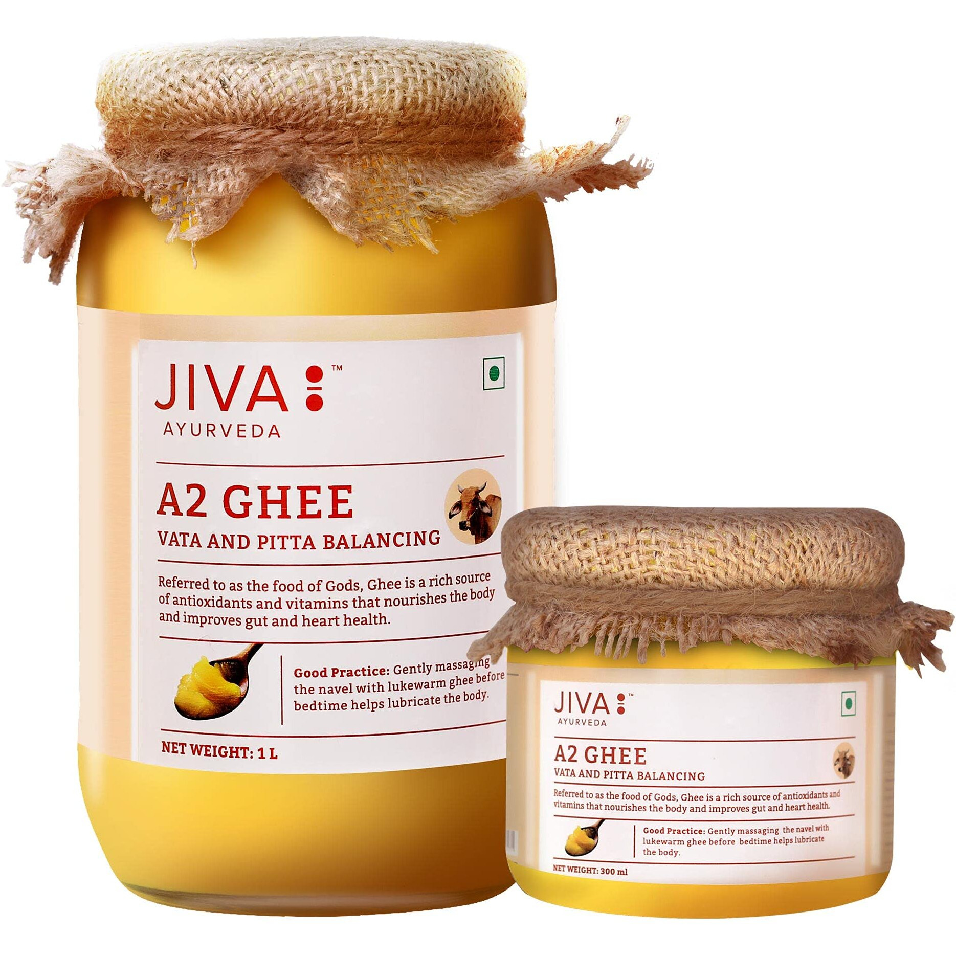 Jiva A2 Gir Desi Cow Ghee 1kg + 300gm (Combo Pack) | Pure Desi Ghee | Bilona Curd Churned | Grass-fed Cultured Ghee | Pure, Natural, Healthy | Glass Jar