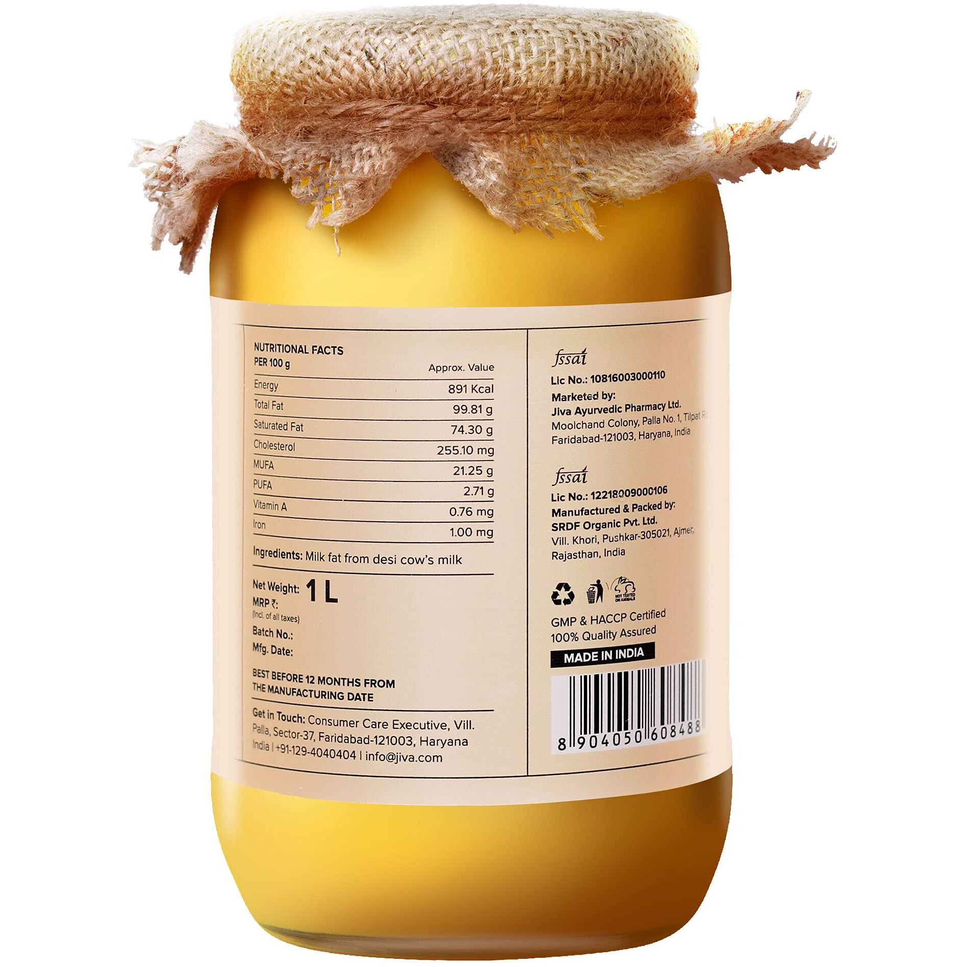 Jiva A2 Gir Desi Cow Ghee 1kg + 300gm (Combo Pack) | Pure Desi Ghee | Bilona Curd Churned | Grass-fed Cultured Ghee | Pure, Natural, Healthy | Glass Jar