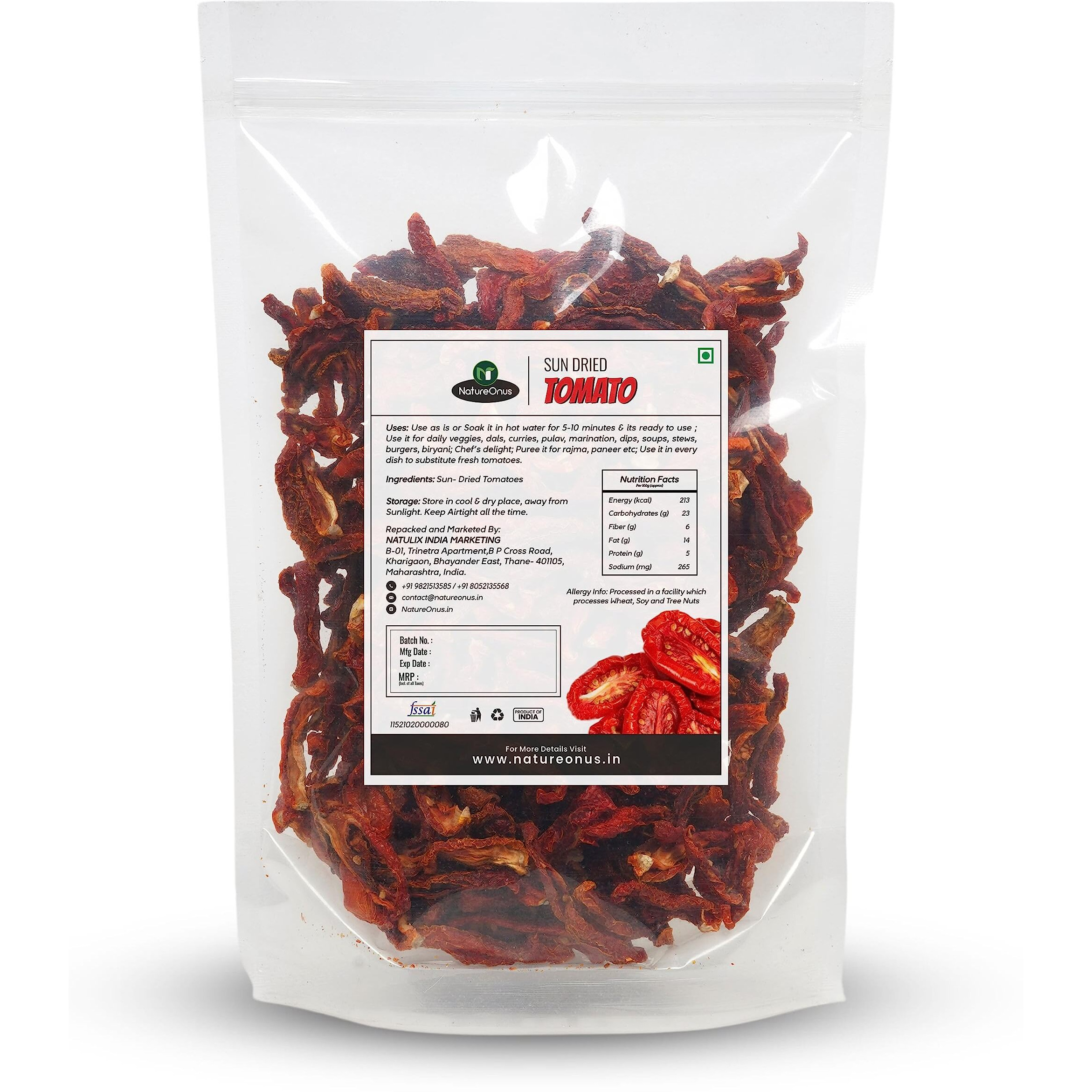 NatureOnus Sun Dried Tomato, 500g | 100% Natural Tomatoes | Hygienically Solar Dried | Anti-oxidant Rich | Use in Dips, Marinades, Salads, Pasta, Veggies, Dals, Curries, Pulav, Soups, Stews, Burgers