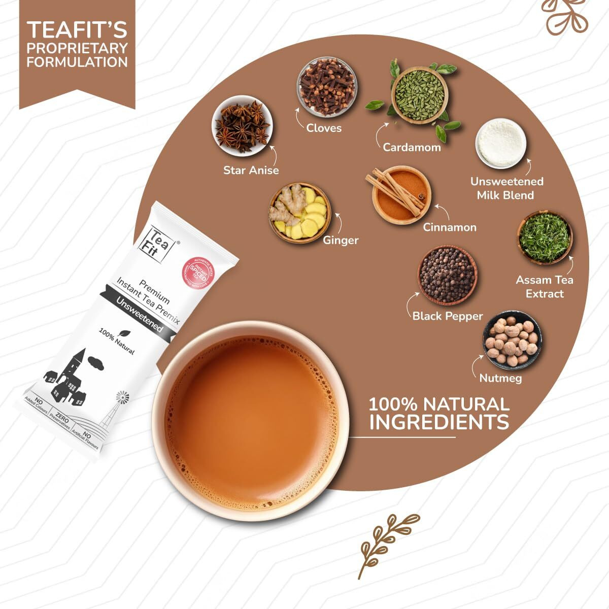 TeaFit Premium Zero Sugar Instant Masala Tea Pack of 100 Sachets (1.4Kg) | Masala Tea Premix | Diabetic Friendly | Instant Milk Tea Premix | Ready to Drink | Instant Tea Premix | Tea Powder