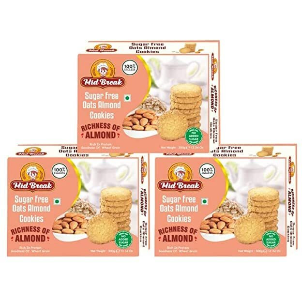 Midbreak - Sugar Free Oats Almonds Cookies | Sugar Free Oats Almonds Biscuits | Sugar Free Almond Cookies | Premium Handmade Cookies | 300 gms each | Pack of 3