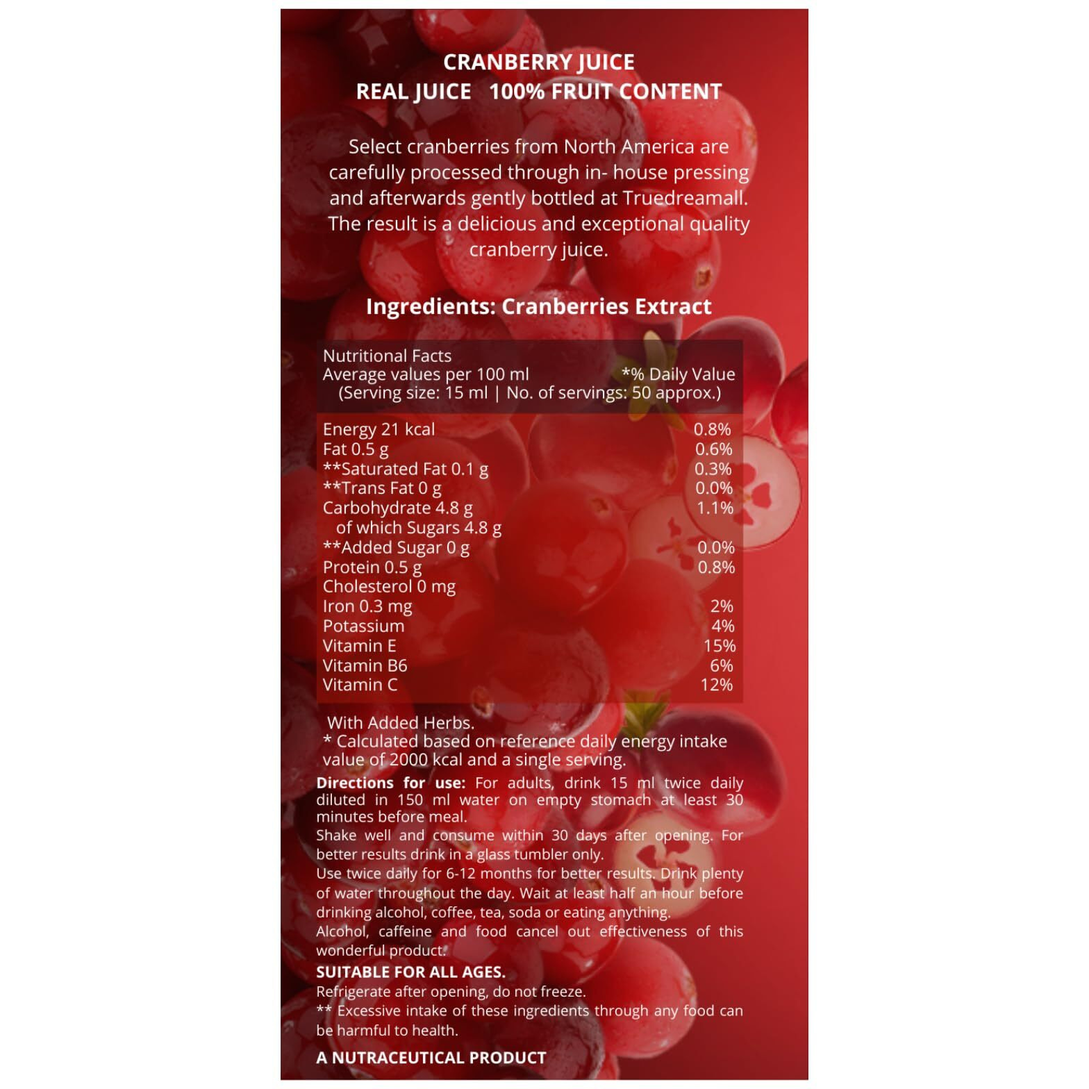 TRUEDREAMALL Cranberry Juice- Unsweetened, No Added Sugar, 100% Natural Cranberry Juice, Good for UTI Health, Body Detox (750 ml) Concentrate Juice