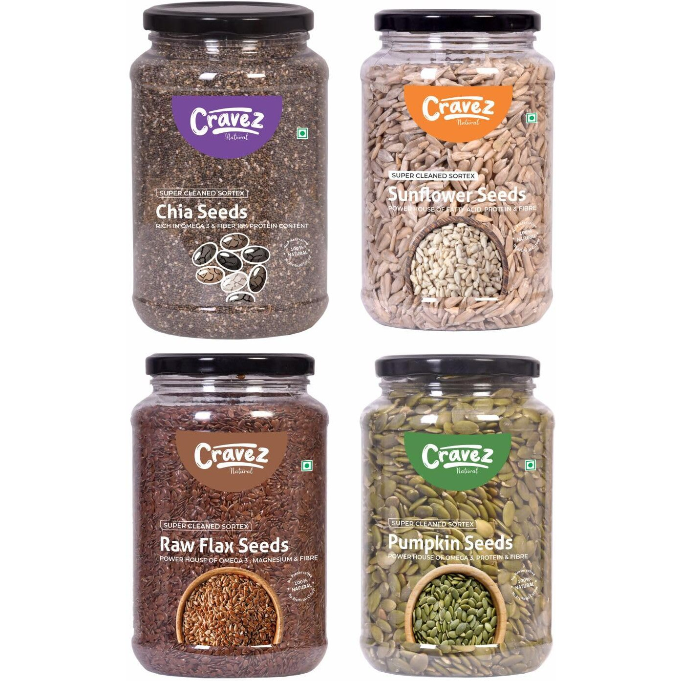 Cravez Variety of Raw Seeds | Combo Pack of Chia seeds, Flax seeds, Pumpkin seeds, Sunflower seeds (250 gram each) | Healthy Seeds for Every Diet