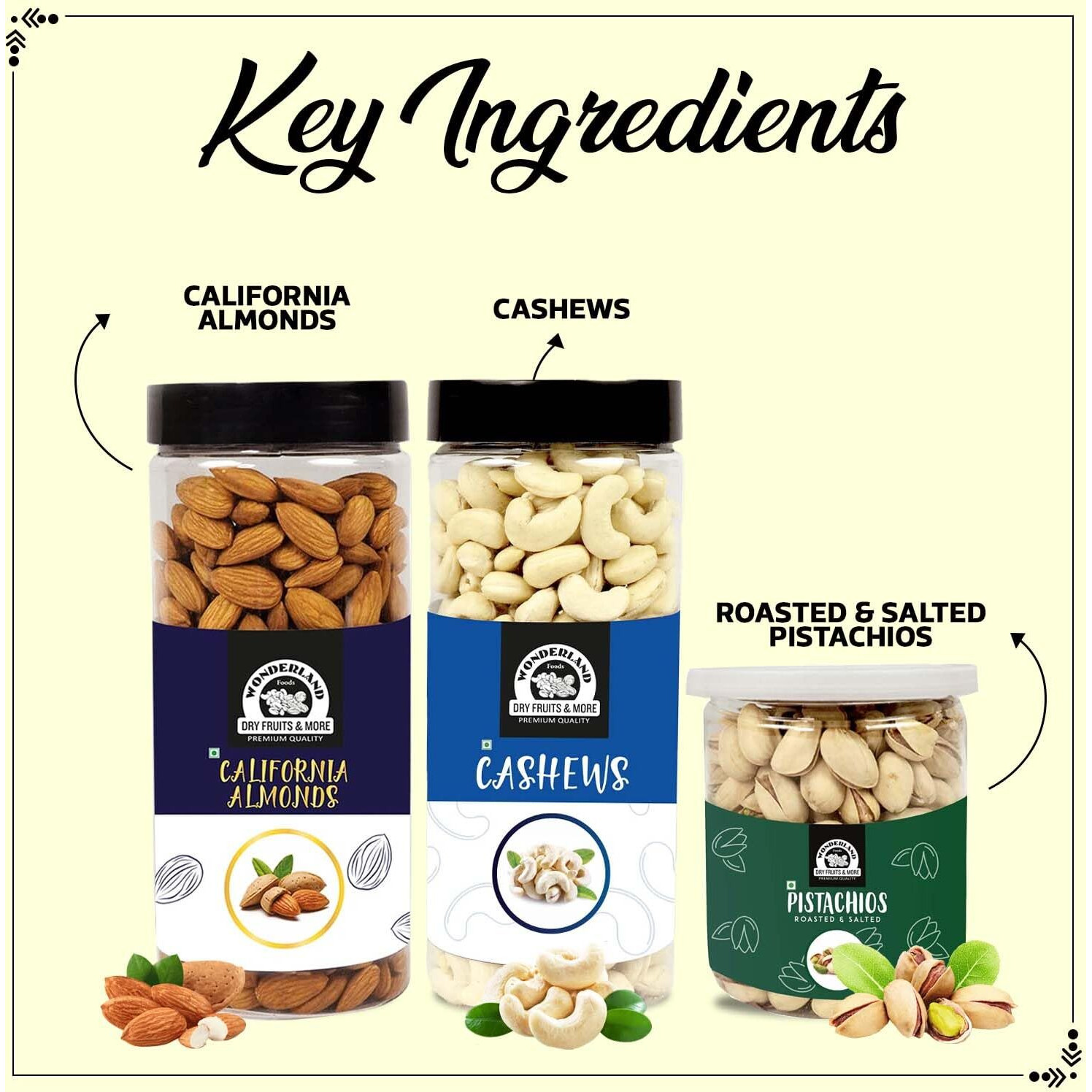 WONDERLAND FOODS Premium Dry Fruits Combo Pack of (500g Almonds + 500g Cashews +200g Pistachios, 1.2 Kg)
