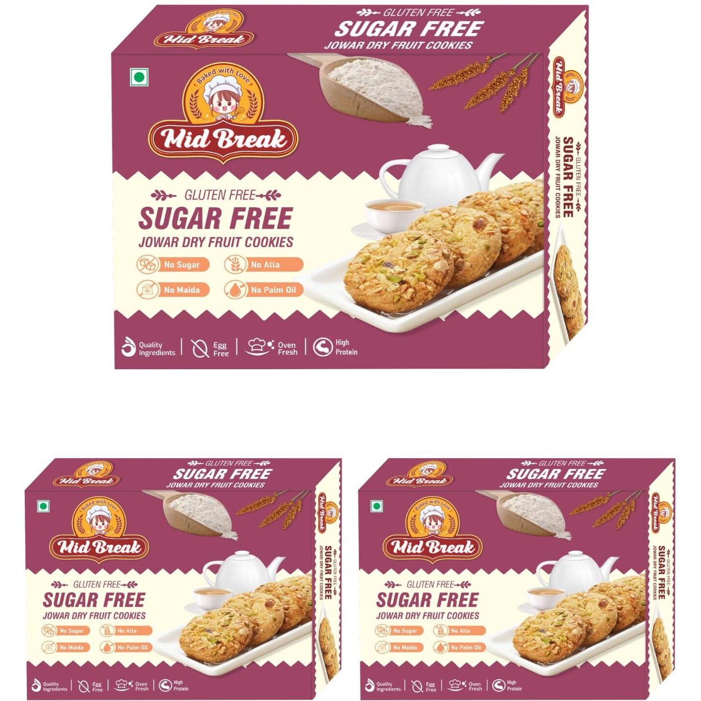 Midbreak Sugar Free Jowar (Sorghum) Millets & Dry Fruit Cookies | Gluten-Free | Ideal for Diabetics, Calorie Watchers, and Gym Goers | Pack of 3 | 600g