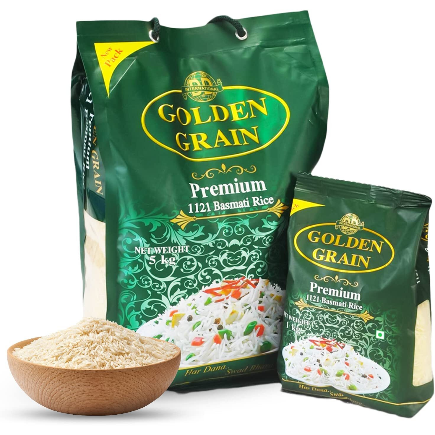 GOLDEN GRAIN 1121 Premium Basmati Rice 5_kg + Premium Basmati Rice 1kg Combo Pack | Long Grain With Rich Pleasant Aroma Whole Grain, Biryani, Pulao Rice | Chawal For Daily Cooking (6kg)