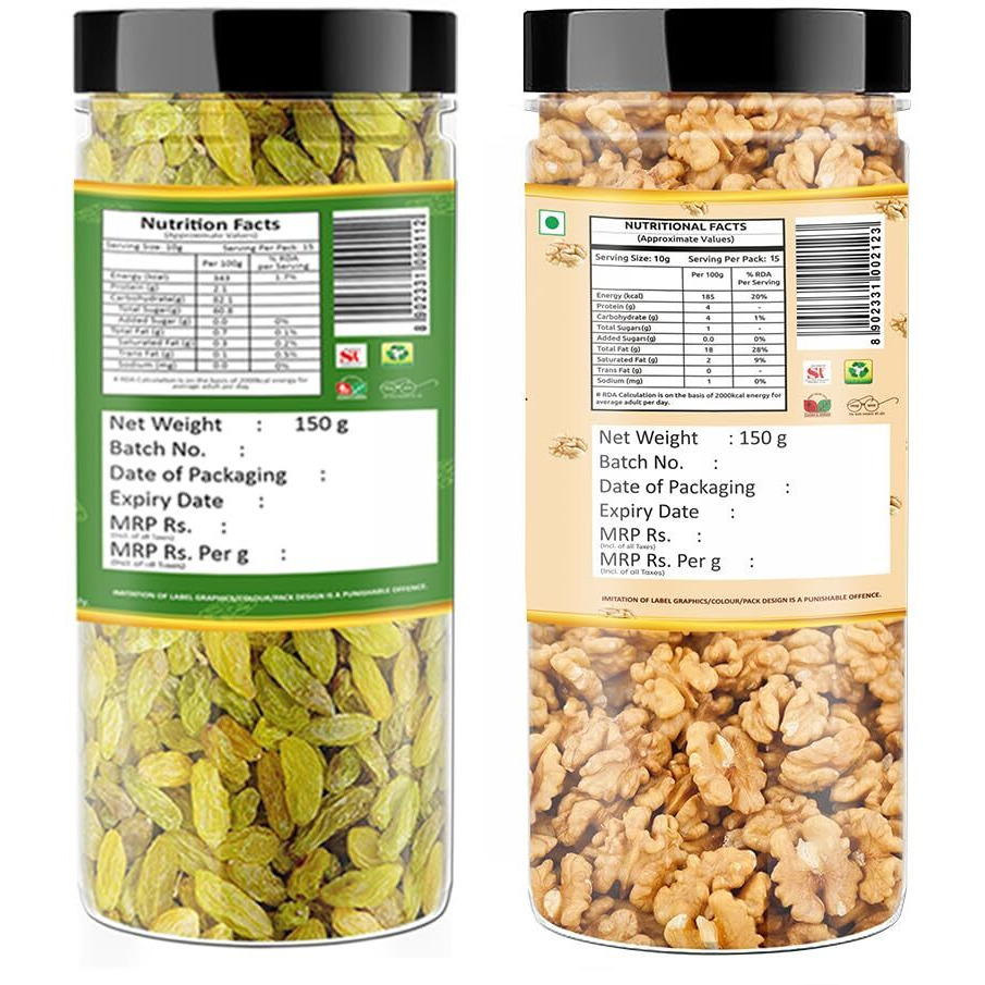 YUM YUM Dry Fruits 300g Combo Pack - Kishmish 150g, Akhrot Giri 150g Jar Each - Raisins, Walnuts