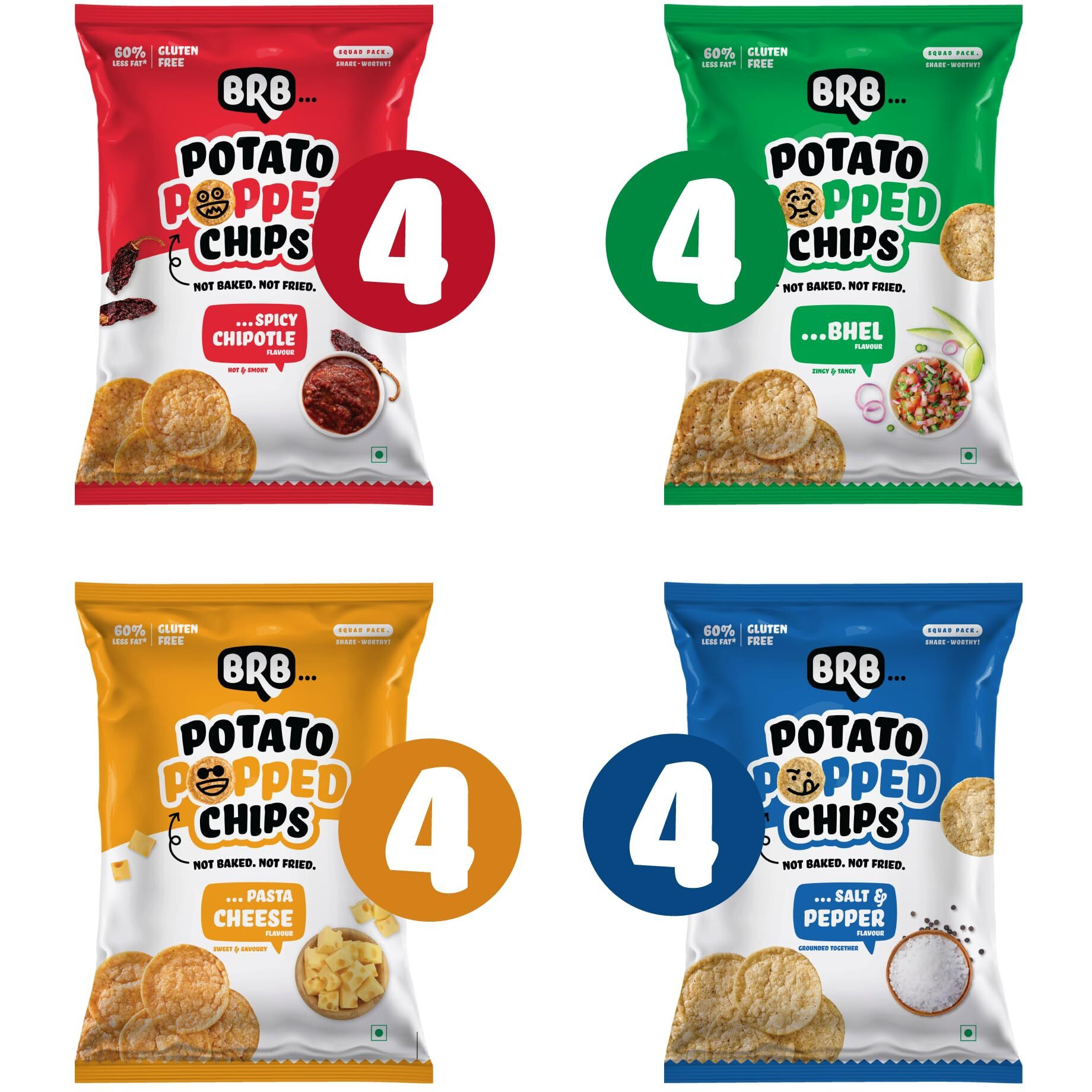 BRB Popped Potato Chips | Not Baked, Not Fried | 16 Packs X 48 Grams | 4 Flavours - Bhel (4), Spicy Chipotle (4), Salt & Pepper (4), Pasta Cheese (4) | 60% Less Fat | Low Calorie | Healthy Snack