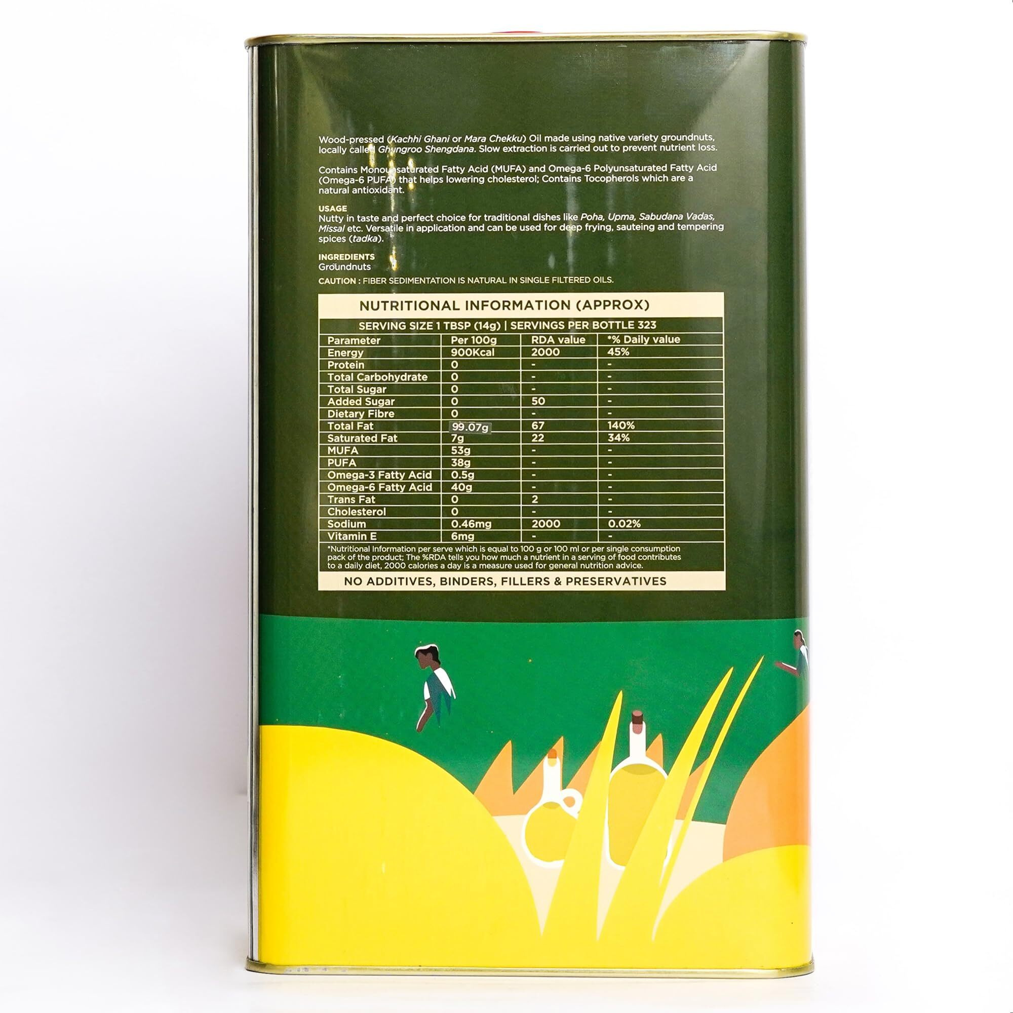 Two Brothers Organic Farms Peanut Oil/Groundnut Oil, Made using farm grown heirloom peanuts | Wood-Pressed and Single-Filtered Oil for healthier Cooking | 5 Litre Tin Can best for Storage