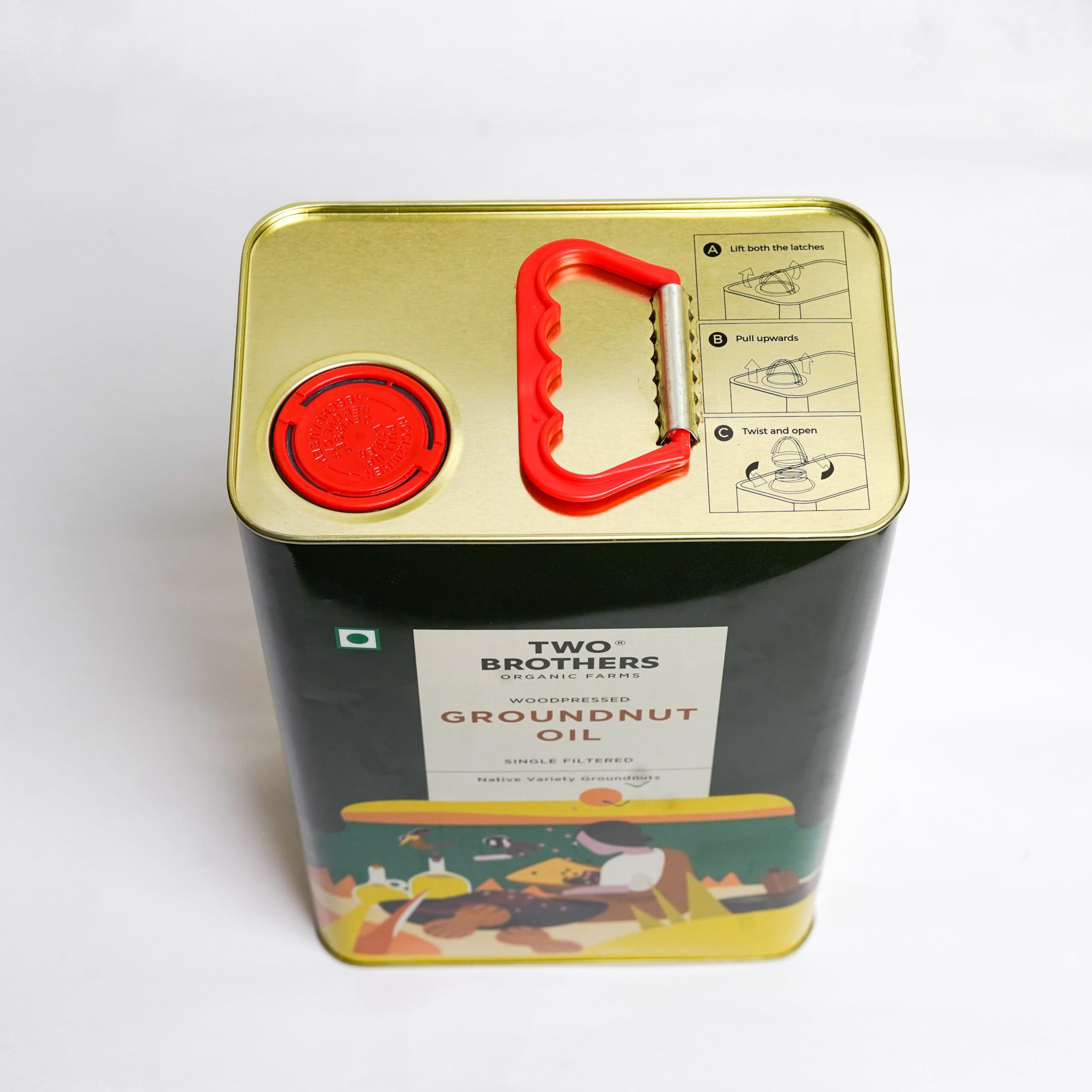 Two Brothers Organic Farms Peanut Oil/Groundnut Oil, Made using farm grown heirloom peanuts | Wood-Pressed and Single-Filtered Oil for healthier Cooking | 5 Litre Tin Can best for Storage