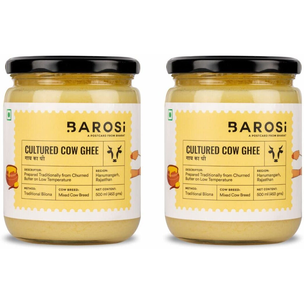 Barosi Premium Cultured Desi Cow Ghee 1 Litre (Combo Pack of 2 * 500ml) | Vedic Bilona Method | Churned from Curd | Pure & Natural | Farm Made in Small Batches | Glass Jar Packing