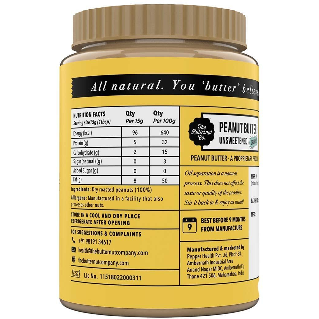 The Butternut Co. Natural Peanut Butter (Crunchy) 1kg, PACK OF 2, Unsweetened, 32g Protein, No Added Sugar, 100% Peanuts, No Salt, High Protein Peanut Butter, Vegan