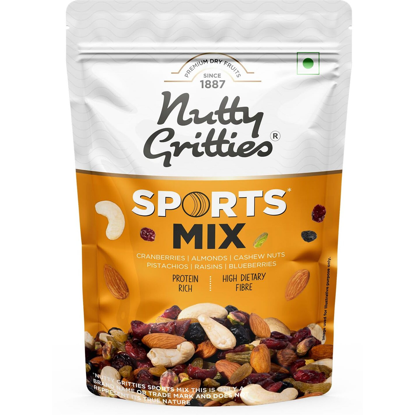 Nutty Gritties Sports Mixed Nuts and Dry Fruit 200g (Pack of 2) - Roasted Almonds, Cashews, Pistachios, Dried Blueberries, Cranberries and Raisins, Healthy Snack for all | Resealable Pouch