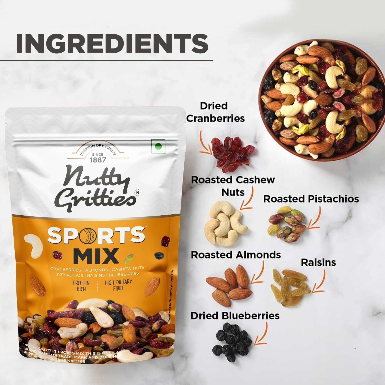 Nutty Gritties Sports Mixed Nuts and Dry Fruit 200g (Pack of 2) - Roasted Almonds, Cashews, Pistachios, Dried Blueberries, Cranberries and Raisins, Healthy Snack for all | Resealable Pouch