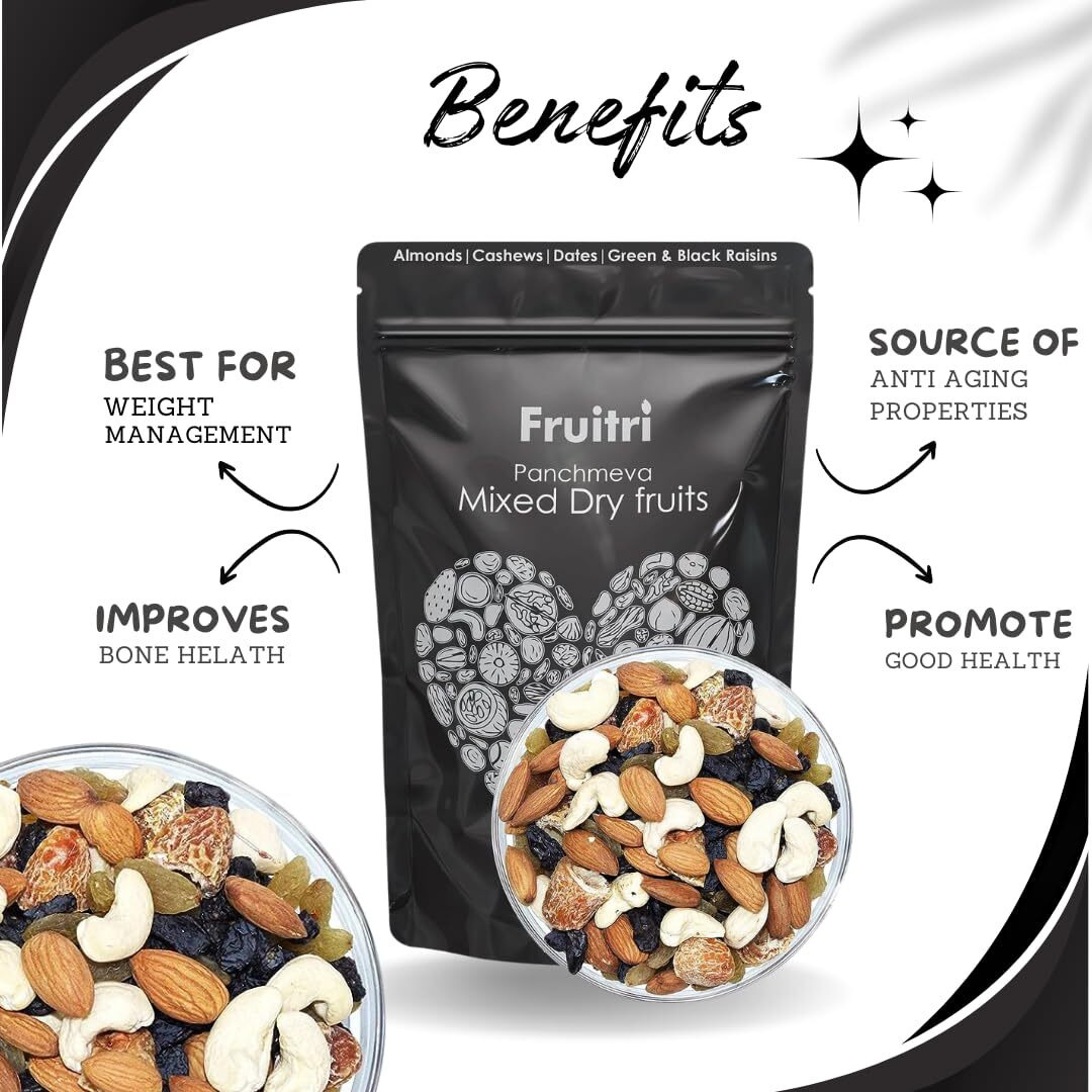 Fruitri Panchmeva Mixed Dry Fruits 500g - Healthy Trail Mix dry fruits combo pack contains Almond, Cashew, Dates, Green and Black Raisins, Superfood Nuts and dry fruits