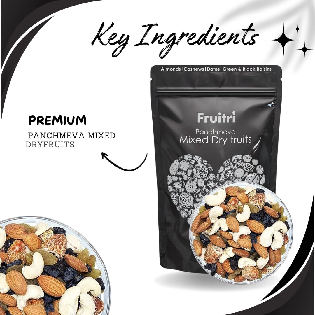 Fruitri Panchmeva Mixed Dry Fruits 500g - Healthy Trail Mix dry fruits combo pack contains Almond, Cashew, Dates, Green and Black Raisins, Superfood Nuts and dry fruits