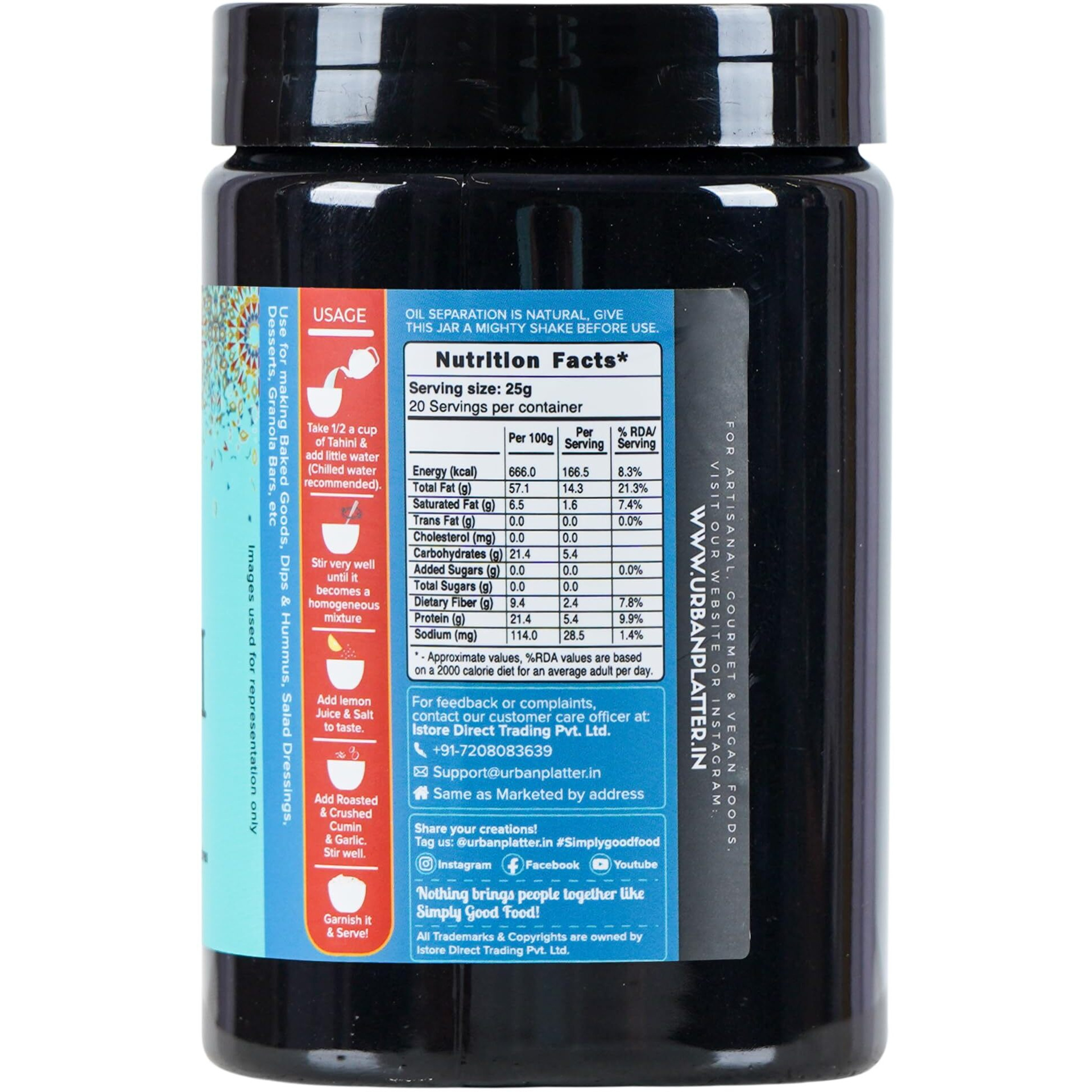 urban platter Black Tahini Paste, 500G (100% Pure Hulled Ground Black Sesame|Seed Butter|Pate De Sesame|Tahina|Add To Baked Goods, Dips & Hummus, Salad Dressings, Desserts, Granola Bars, Etc)
