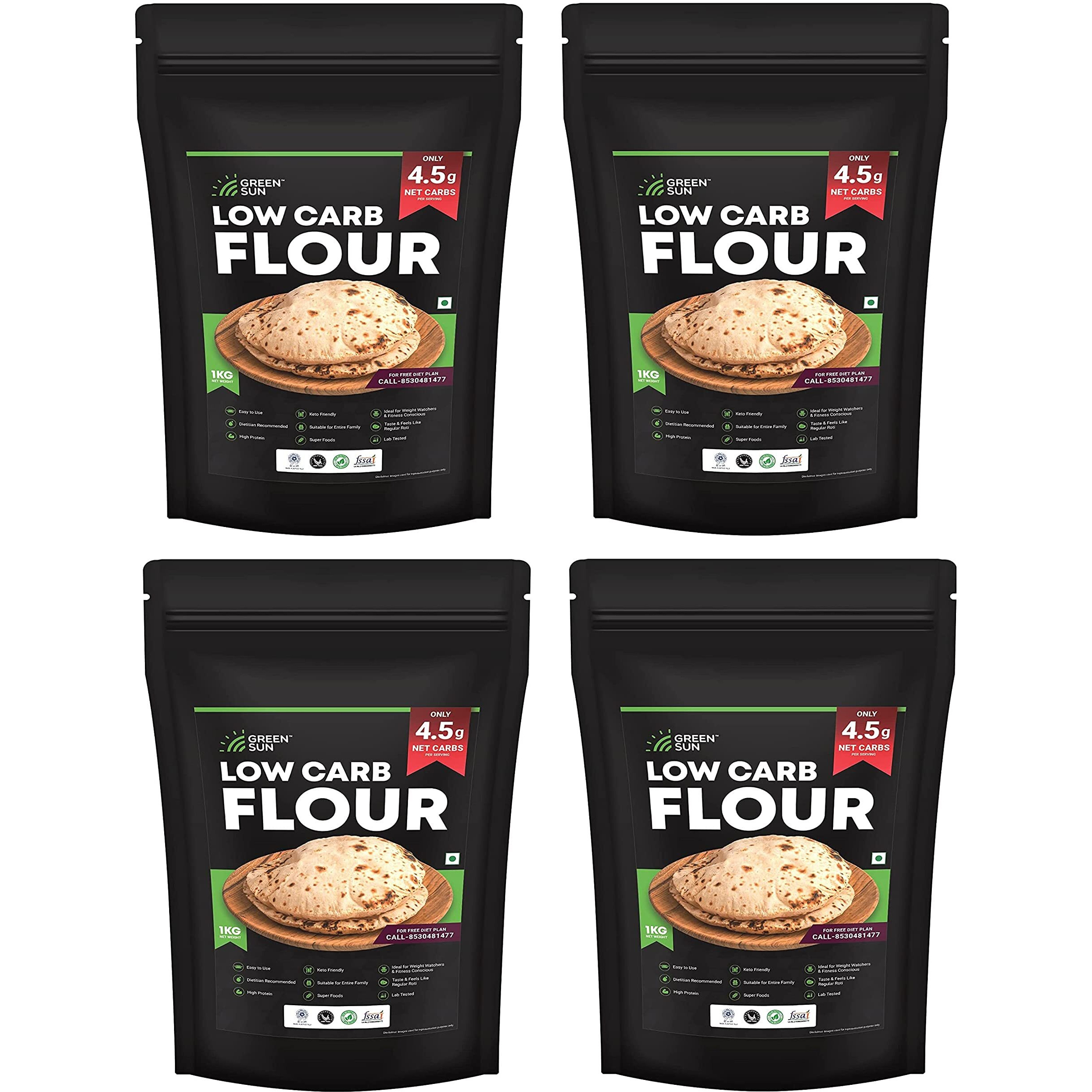 Green Sun Low Carb Flour |Pack of 4 | Only 4.5 g Net Carbs Per Roti | Tasty & Easy to Make | Keto Friendly | Healthy Atta| High Fiber | High Protein