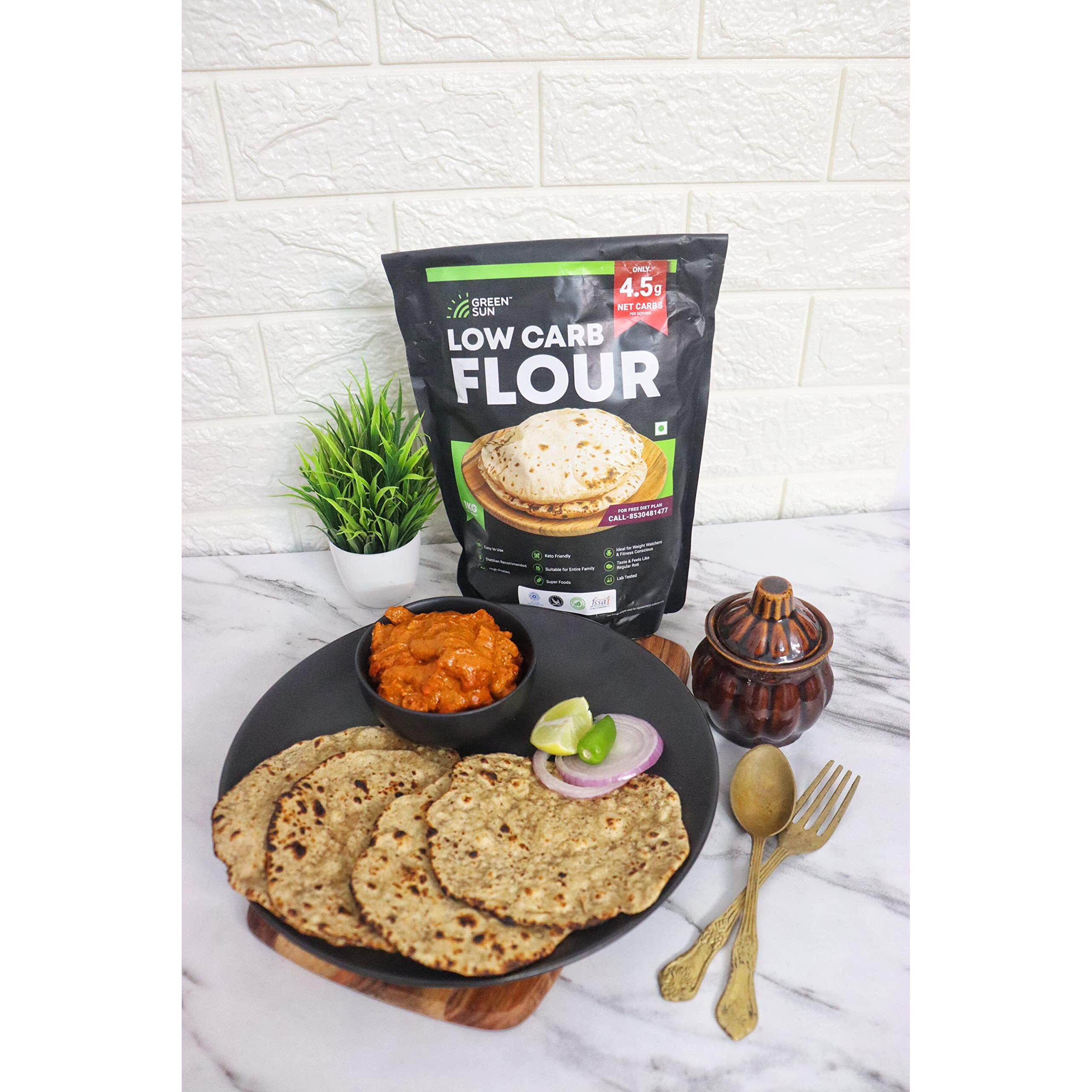 Green Sun Low Carb Flour |Pack of 4 | Only 4.5 g Net Carbs Per Roti | Tasty & Easy to Make | Keto Friendly | Healthy Atta| High Fiber | High Protein