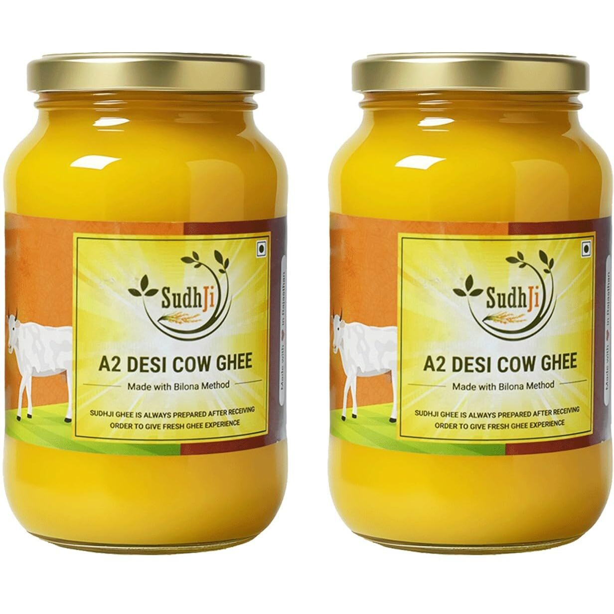 SUDHJI A2 Cow Desi Ghee 1 Litre Glass Bottle 100% Churned With Traditional Vedic Bilona Method Grassfed Premium Bilona Ghee Pack of 2