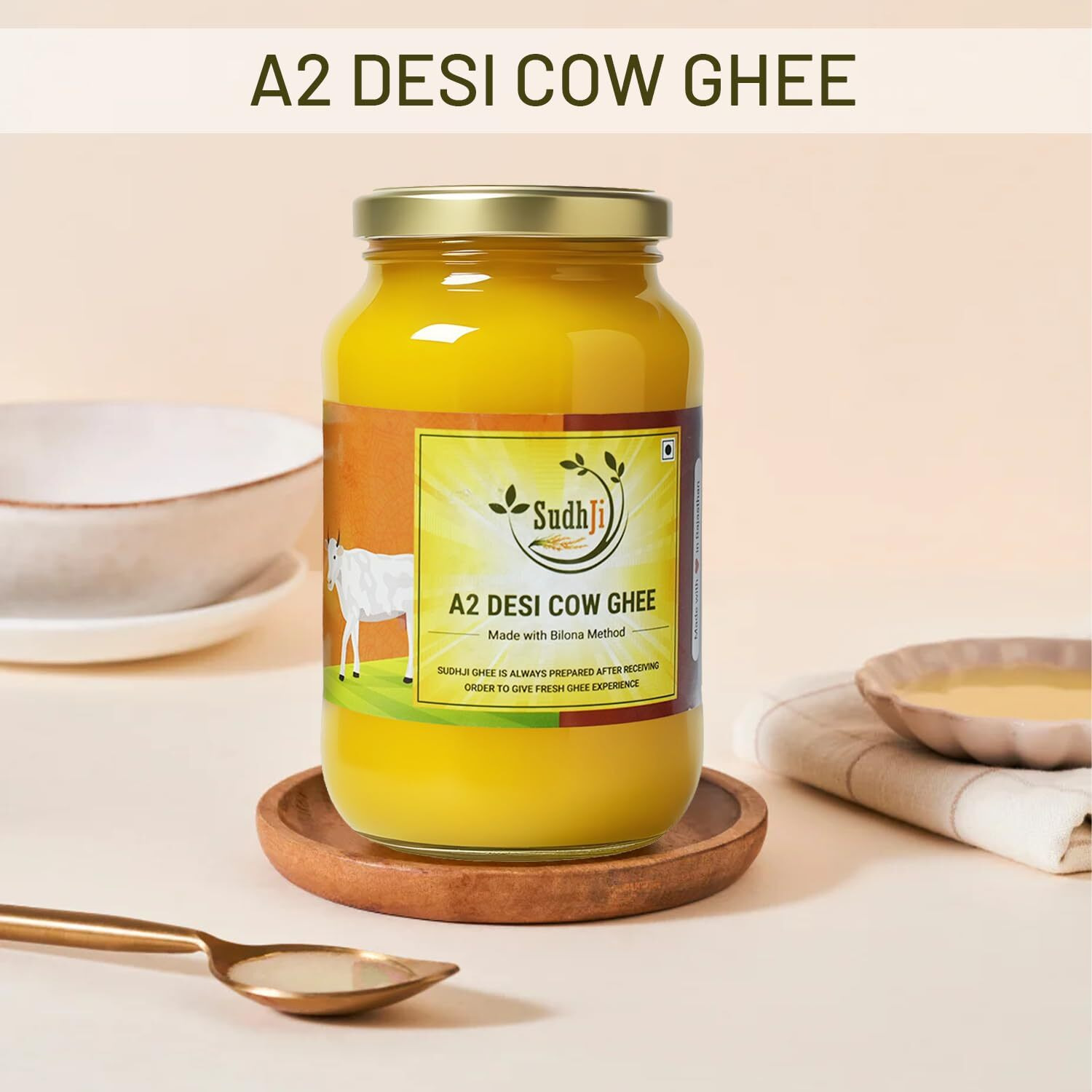 SUDHJI A2 Cow Desi Ghee 1 Litre Glass Bottle 100% Churned With Traditional Vedic Bilona Method Grassfed Premium Bilona Ghee Pack of 2