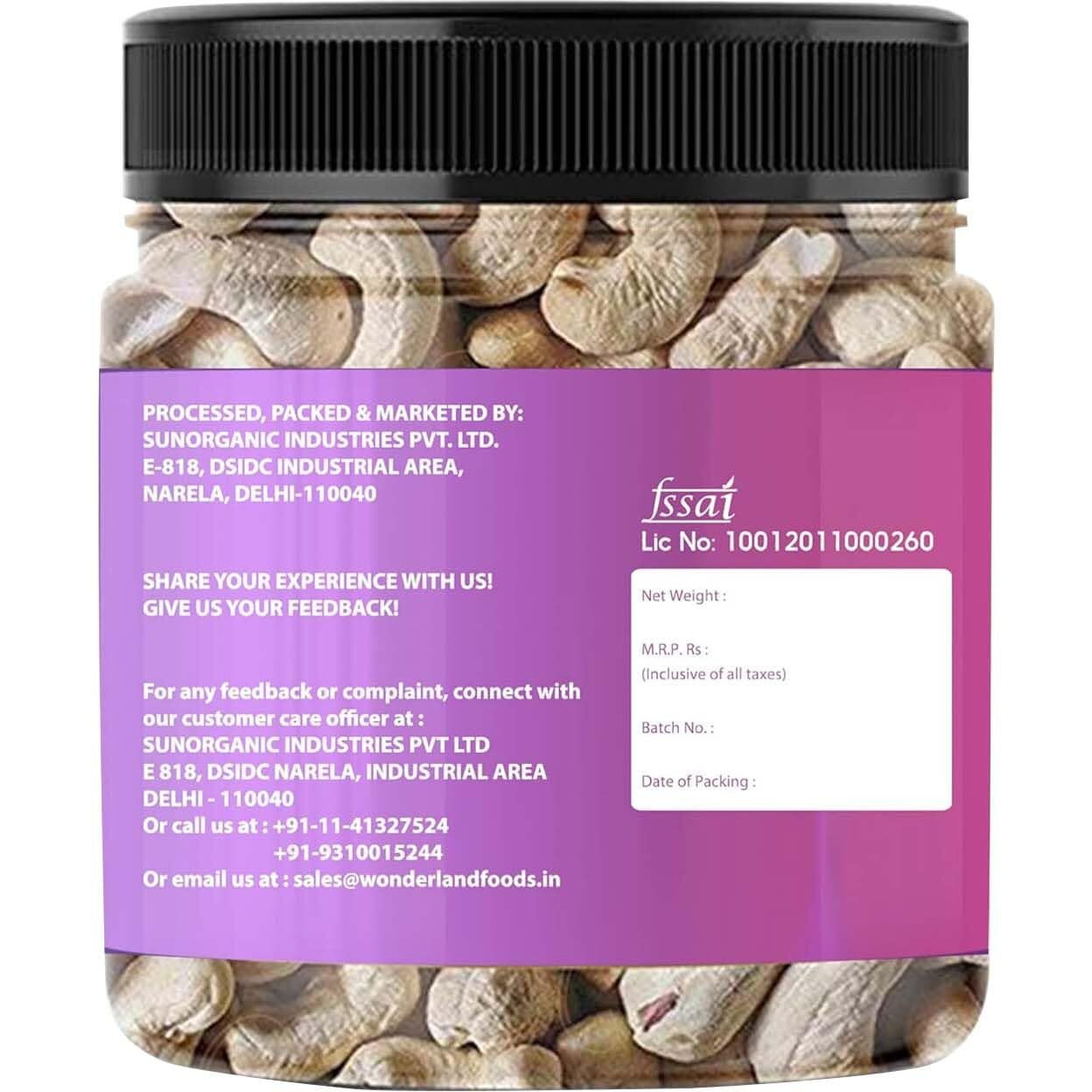 WONDERLAND FOODS (DEVICE) Whole Raw Cashew (Kaju) W320-Grade 200g Jar