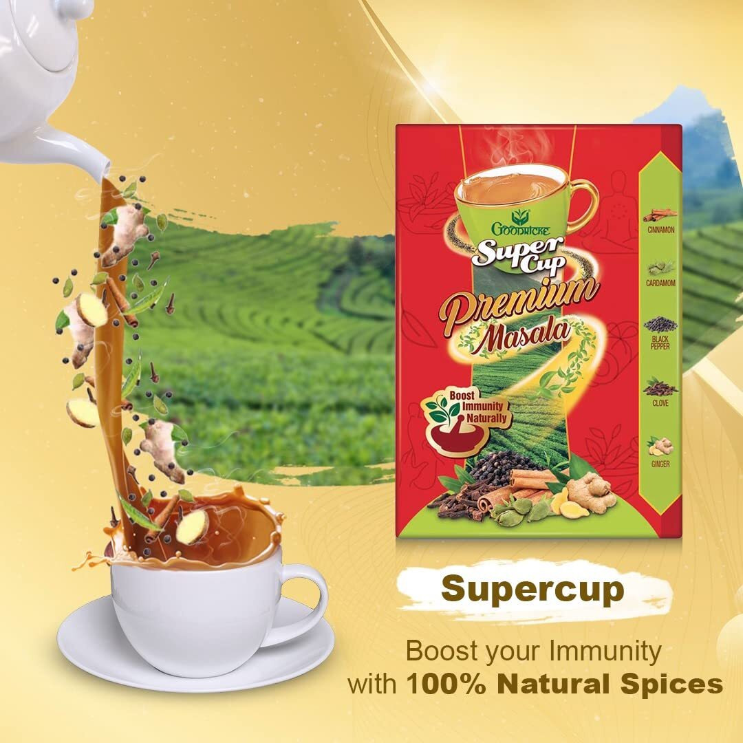 GOODRICKE Supercup Premium Masala Tea 250G(Pack Of 5)| 100% Natural Spices - Ginger, Clove, Black Pepper, Cinnamon & Cardamom|Assam Tea| Masala Chai | Chai Patti, 500 Gram