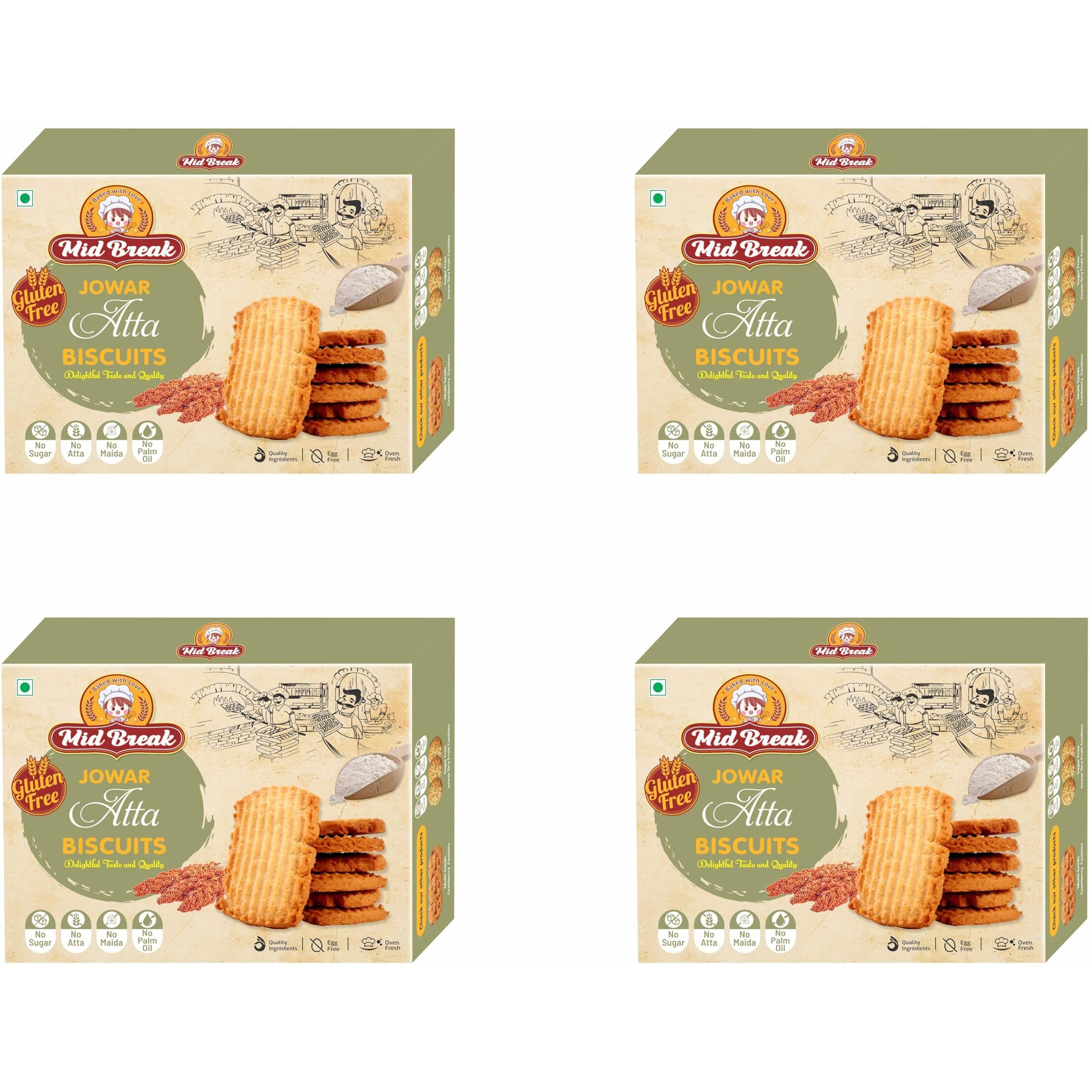 Mid Break Jowar Atta Biscuits | Millets Cookies | Gluten Free | Maida and Egg Free Biscuits Snack With No Added Sugar & Palm Oil | Oven Fresh Biscuits | High In Fiber, Protein & Wholesome Nutrition | 800g | Pack of 4