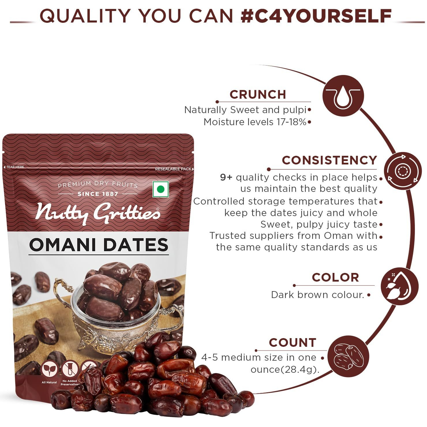 NUTTY GRITTIES Premium Dates - Omani - 500Gram (Pack of 2), Fresh