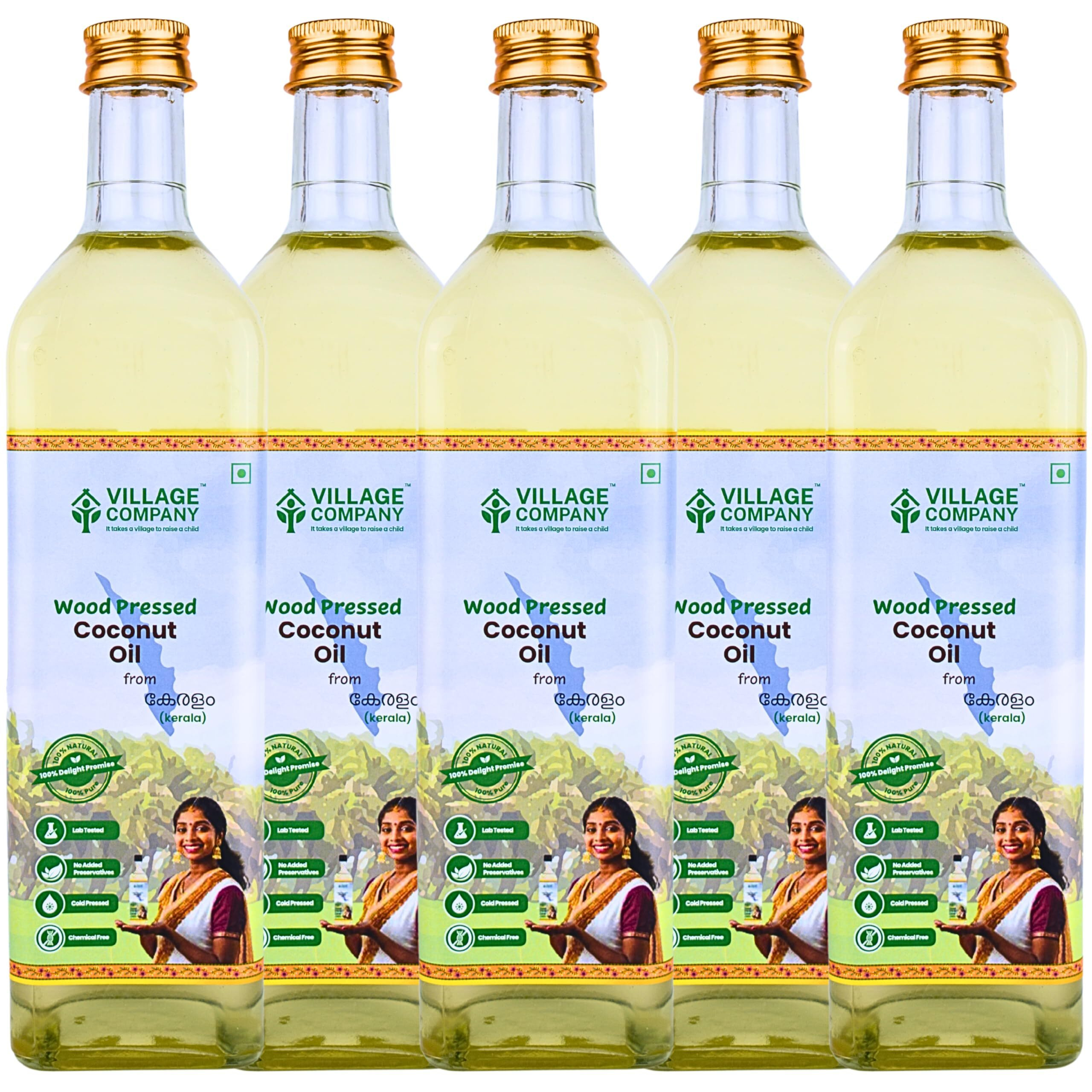Village Company Extra Virgin Cold Pressed Coconut Oil 1 Ltr Pack of 5 | Hair Skin Cooking Baby Massage | Organic Pure Edible Natural | Wood Press Kolhu Kacchi Ghani Chekku | Chemical-Free Glass Bottle