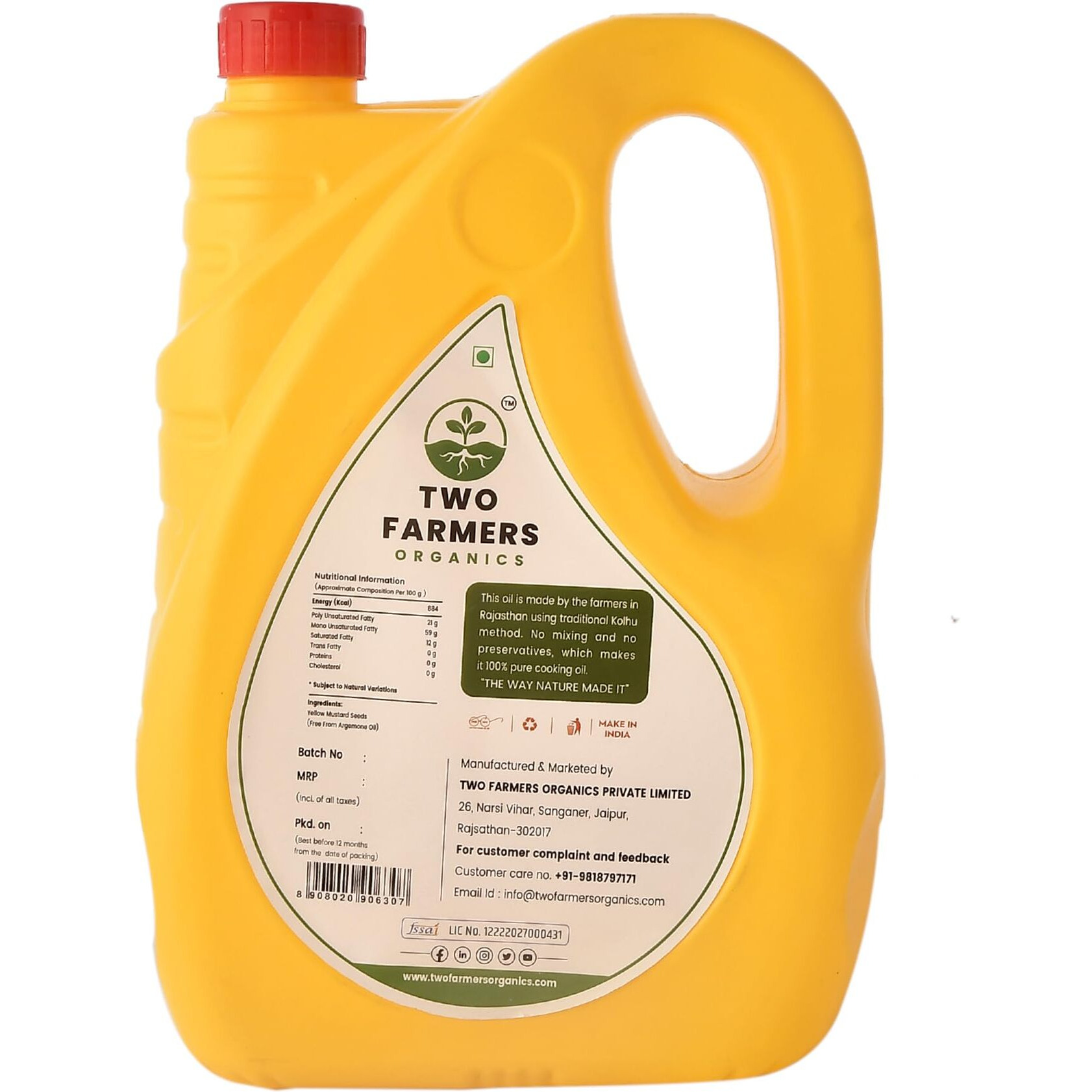 Two Farmers Organics Natural Yellow Mustard Oil Cold-Pressed and Extra Virgin Peeli Sarso Oil Unrefined Yellow Mustard Oil for Cooking (5 Ltr)