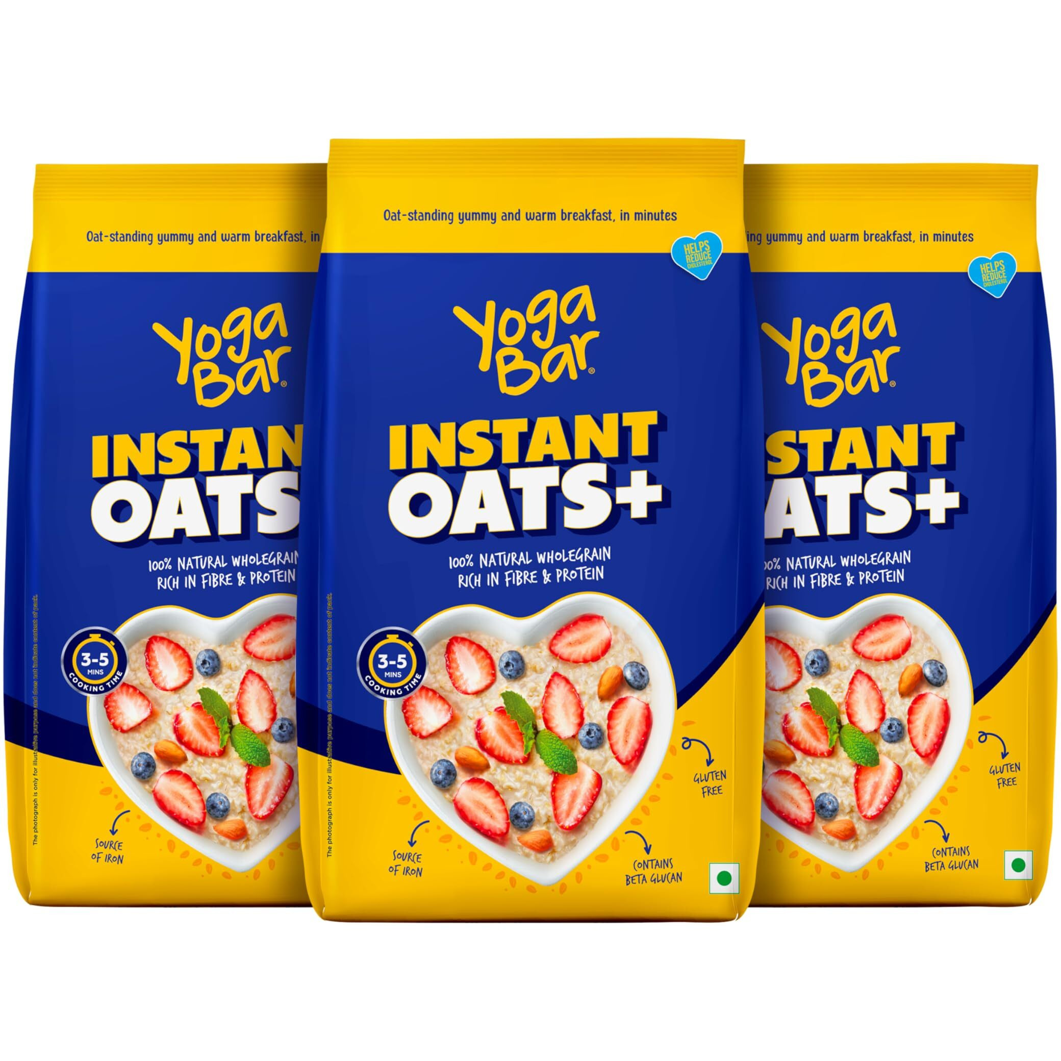 Yogabar Instant Oats 1 Kg, Pack of 3 | Premium Oats, Ready to Cook, Gluten Free Oats with High Fibre, 100% Whole Grain, Non-GMO, 3Kg